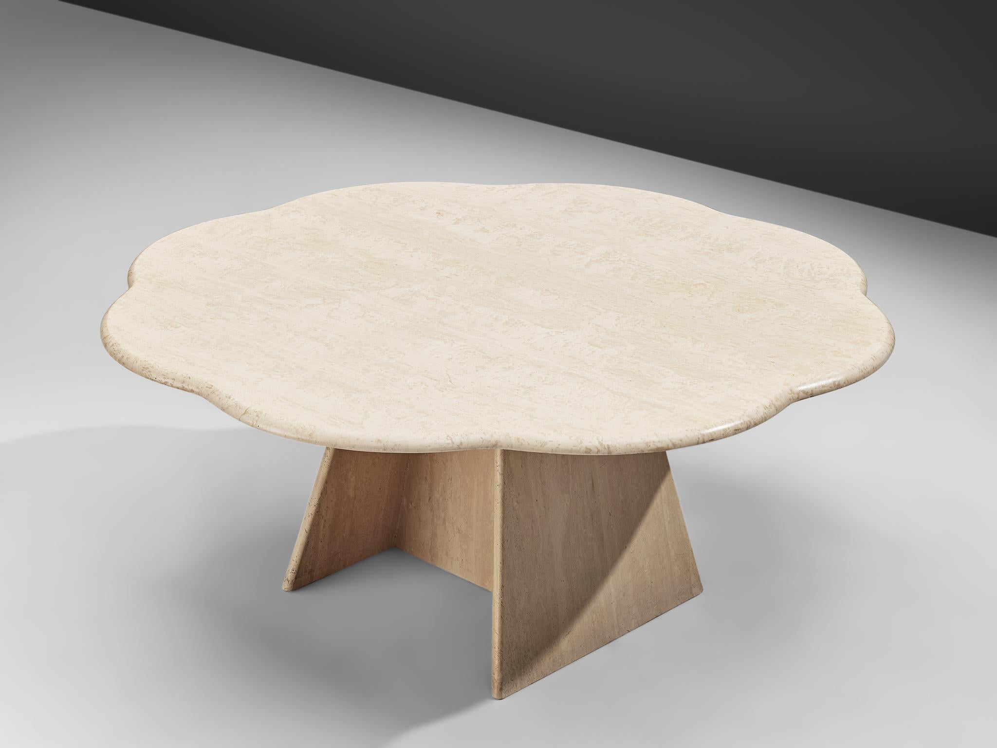Coffee table, travertine, Europe, 1970s. 

Stunning coffee table with a scalloped, flower inspired shaped tabletop. The geometrical base is made of travertine as well, with a subtle contrast between the organic and flowing top and a more
