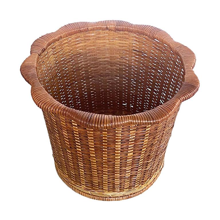 Scalloped Woven Rattan and Wicker Basket Planter, 1970s