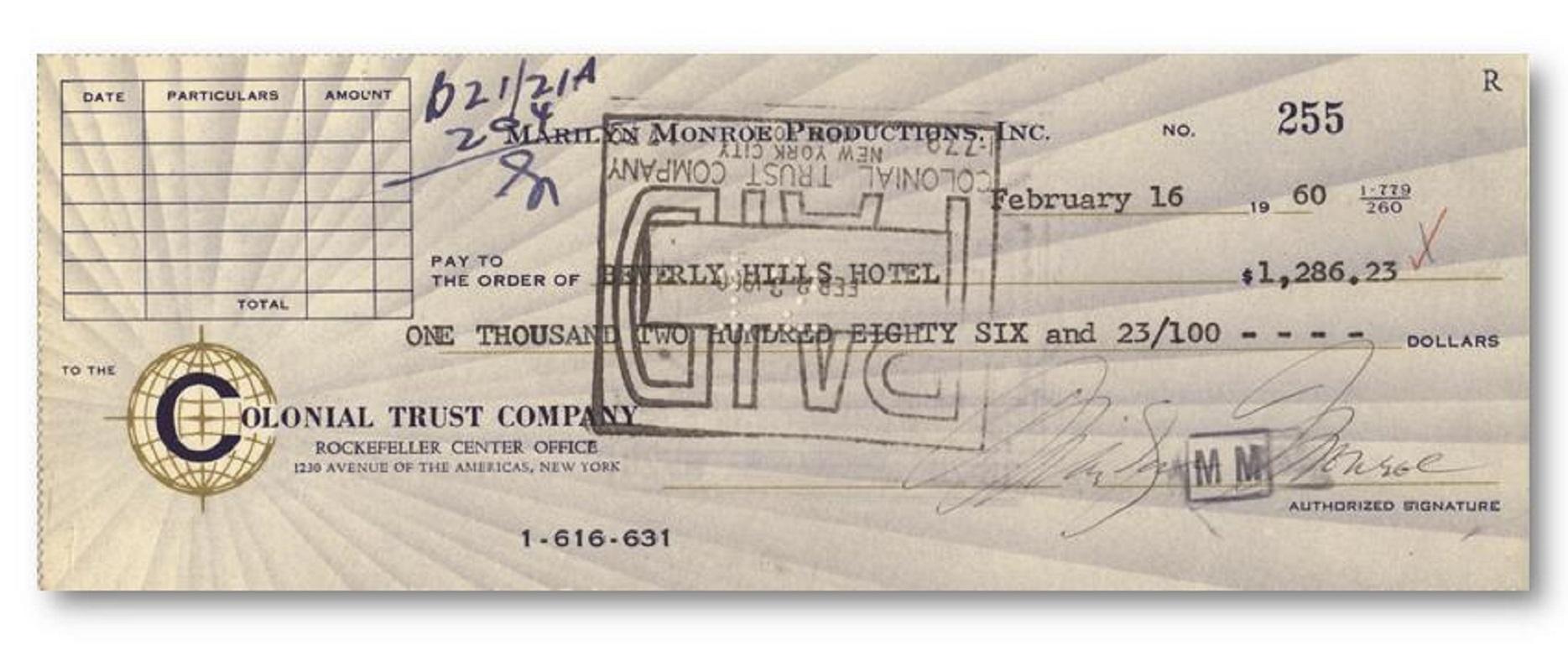 A bank cheque signed by Marilyn Monroe
Paid to the Beverly Hills Hotel in February 1960, where she had her famous affair with co-star Yves Montand
Marilyn Monroe (1926-1962) needs little introduction. An actress, model and entertainer, she is