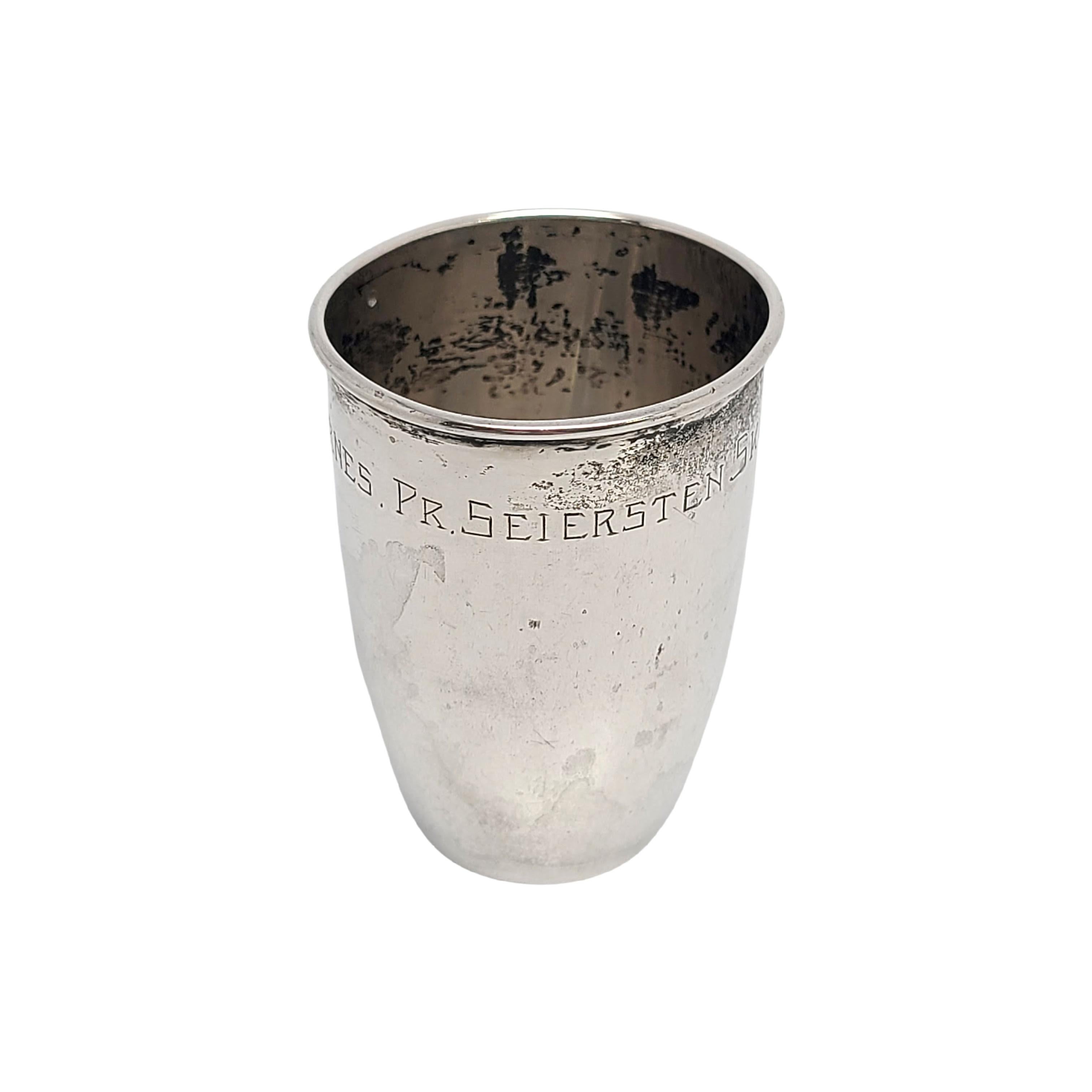 Vintage 830 silver cup or shot glass.

Small cup with polished finish.

Engraving: LAERERNES PR. SEIERSTEN SKOLE 1929 along the top of the cup.

Measures 2 1/8