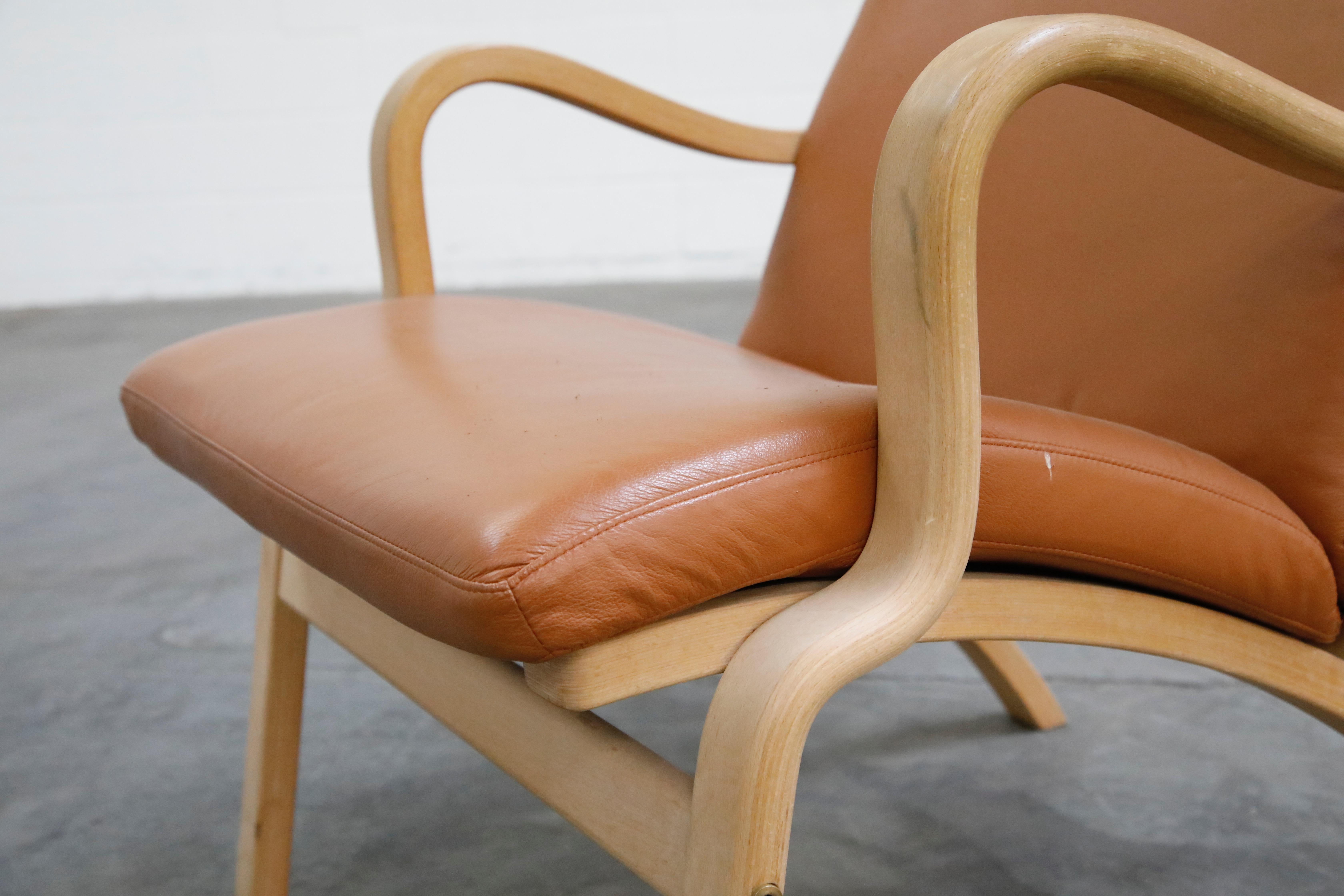 Scandinavian Bentwood Leather Lounge Chairs and Ottoman, circa 1970s 8