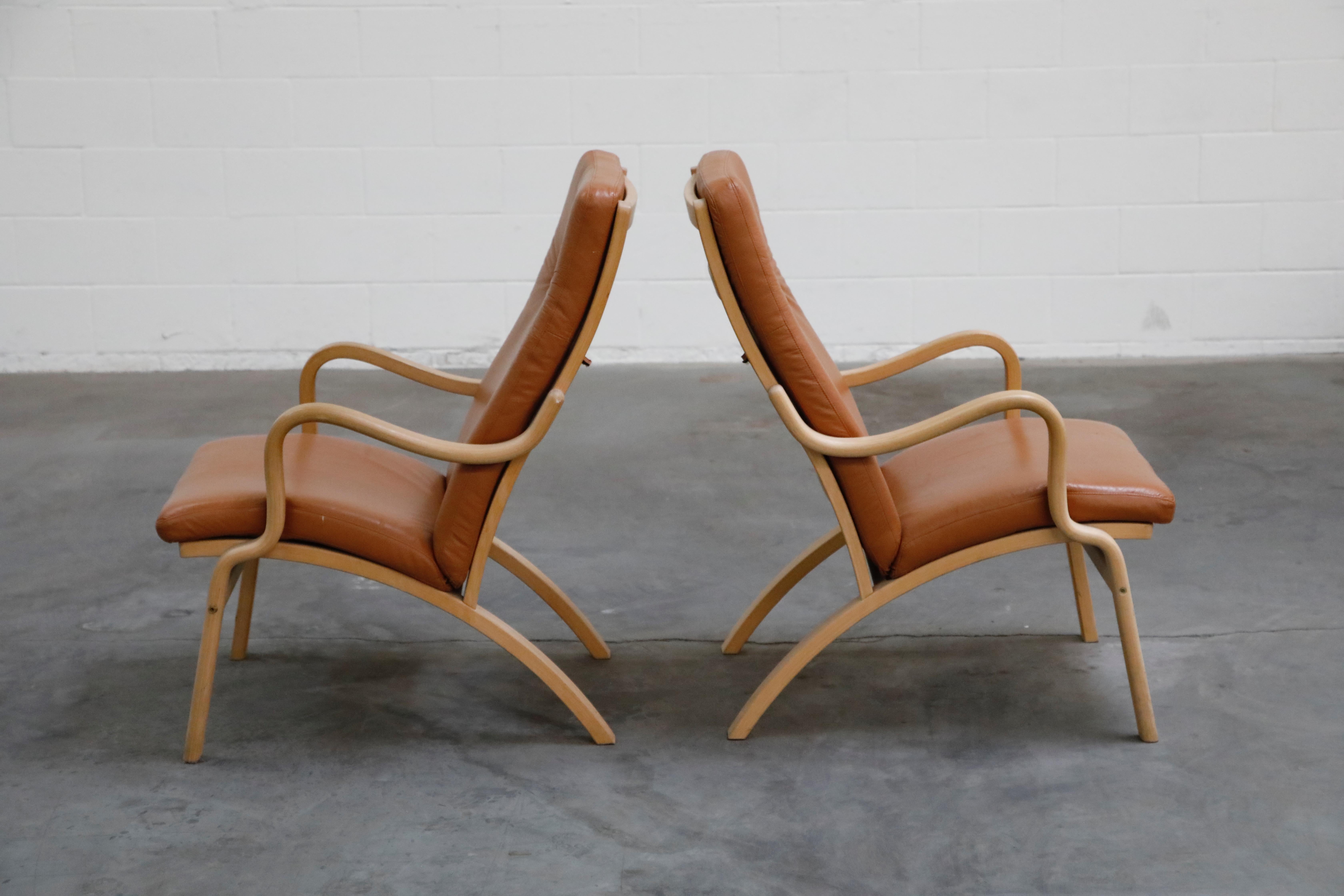 Danish Scandinavian Bentwood Leather Lounge Chairs and Ottoman, circa 1970s