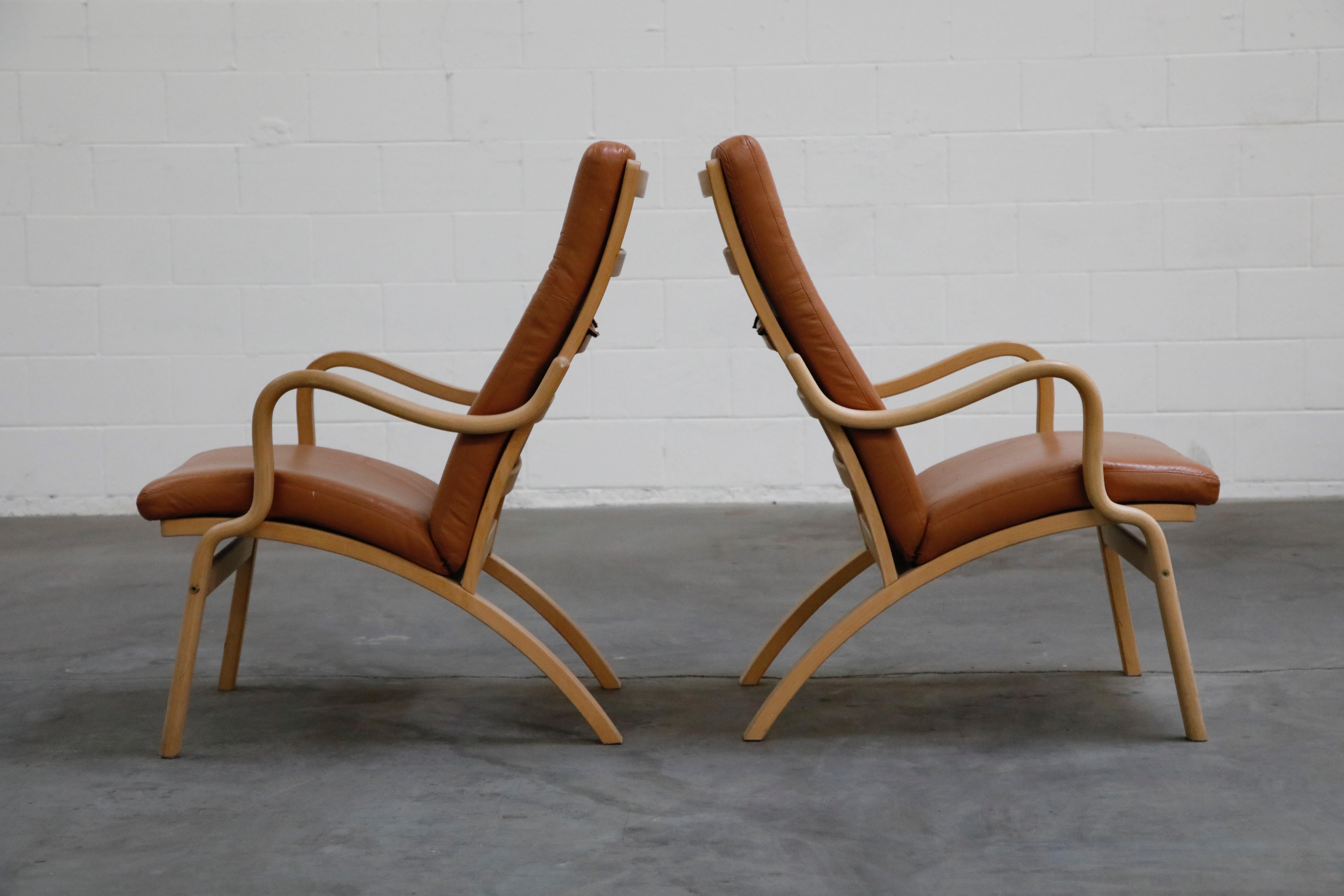 Scandinavian Bentwood Leather Lounge Chairs and Ottoman, circa 1970s In Good Condition In Los Angeles, CA