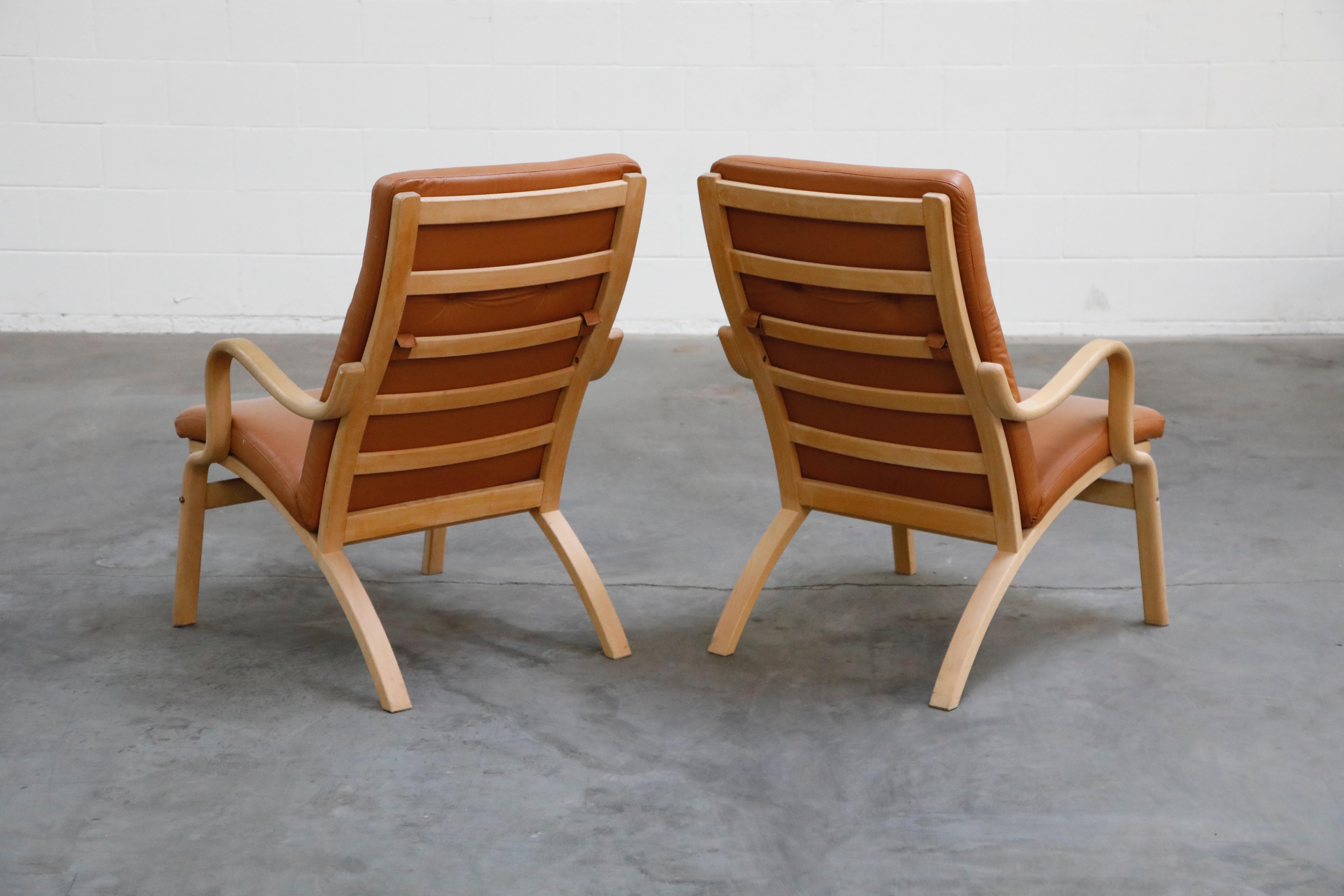 Late 20th Century Scandinavian Bentwood Leather Lounge Chairs and Ottoman, circa 1970s