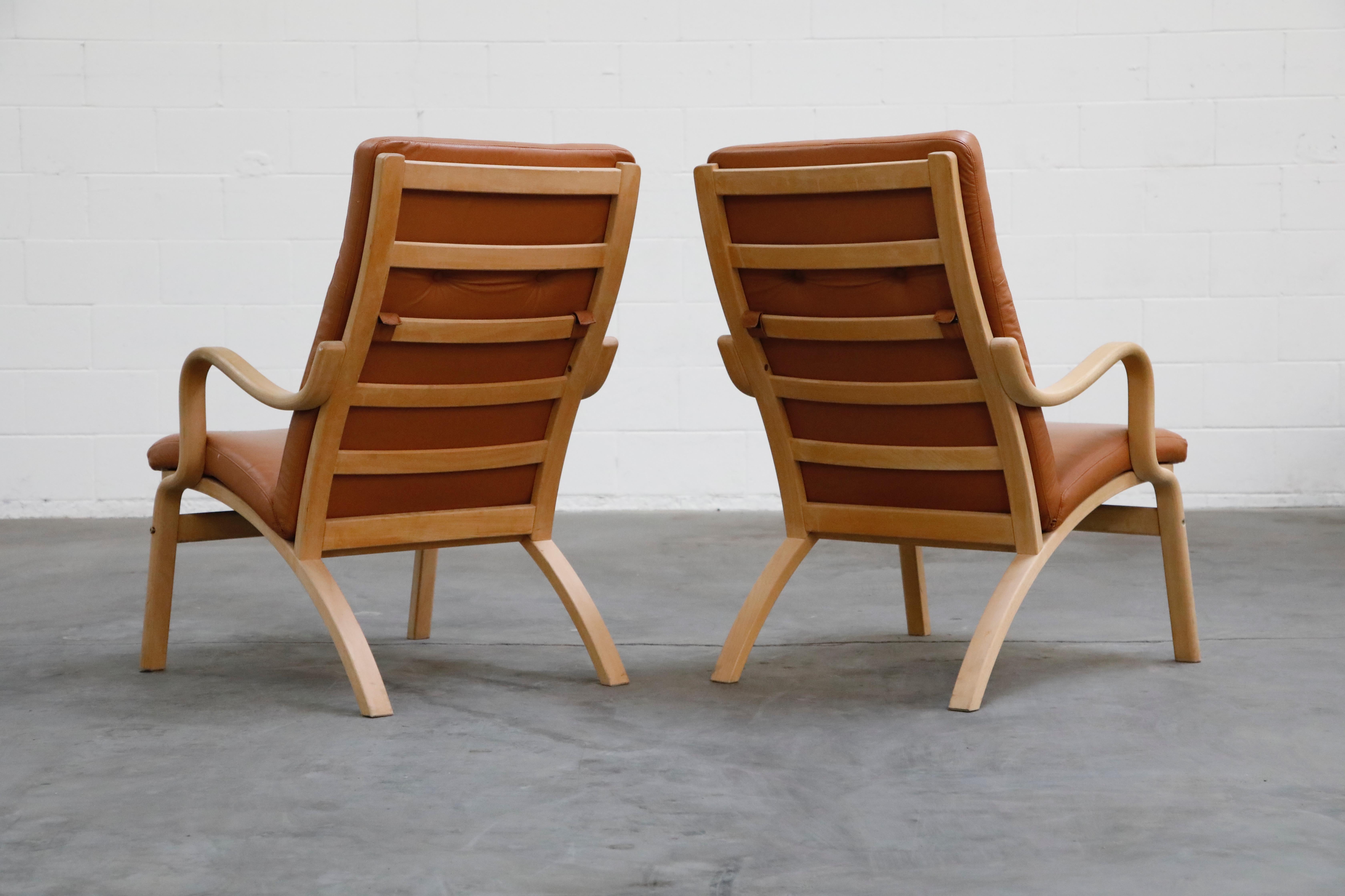 Scandinavian Bentwood Leather Lounge Chairs and Ottoman, circa 1970s 1