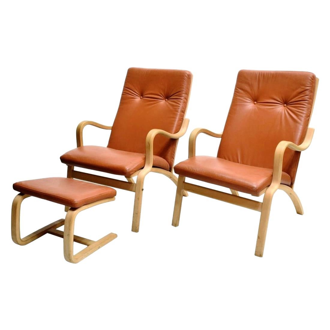 Scandinavian Bentwood Leather Lounge Chairs and Ottoman, circa 1970s