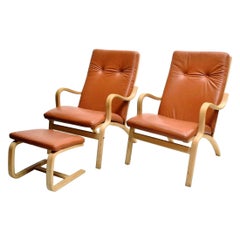 Scandinavian Bentwood Leather Lounge Chairs and Ottoman, circa 1970s