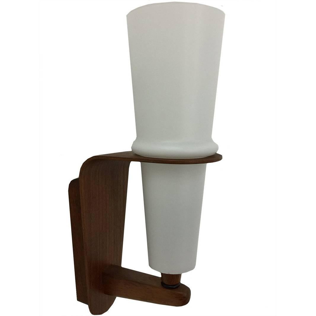 Teak with milk glass wall lamp, 1950s For Sale