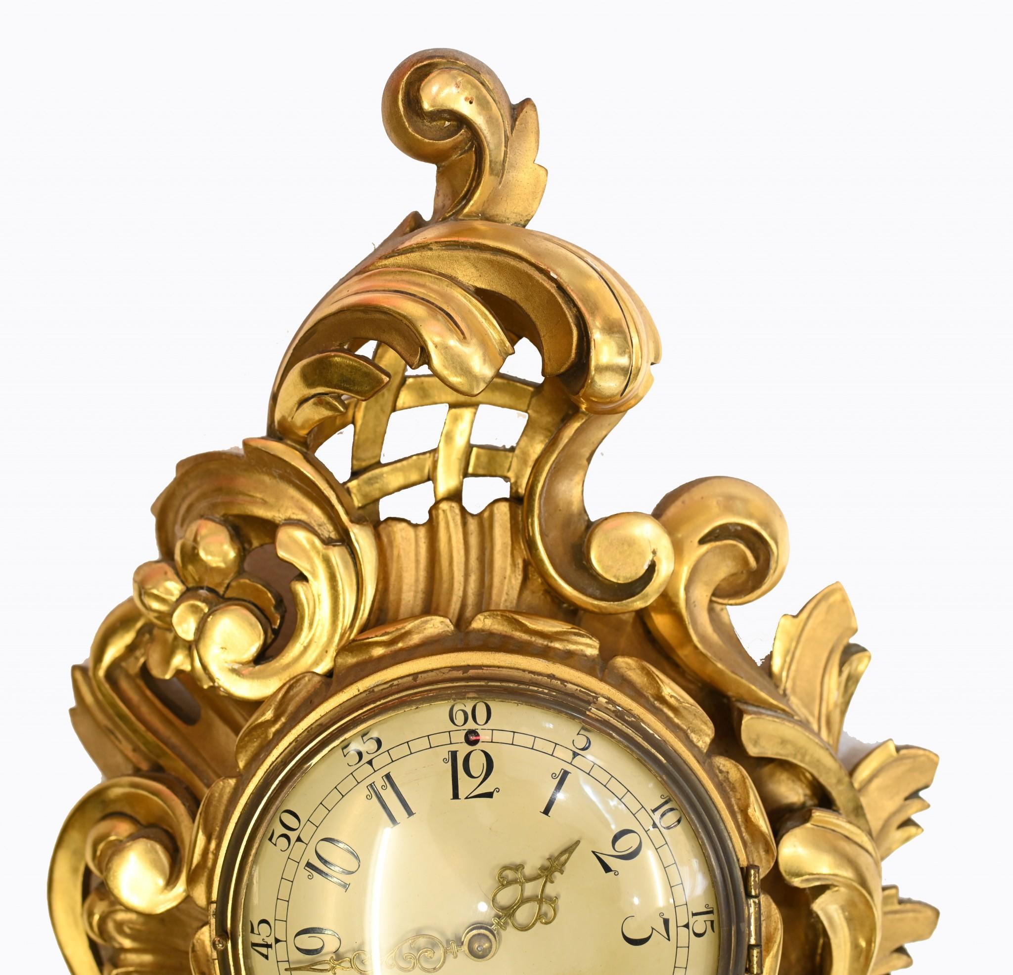 Scandanavian Wall Clock Antique Carved Rococo Giltwood Clocks In Good Condition For Sale In Potters Bar, GB