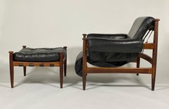 Scandanivian Modern Eric Merthen Lounge & Ottoman in Black Leather & Rosewood