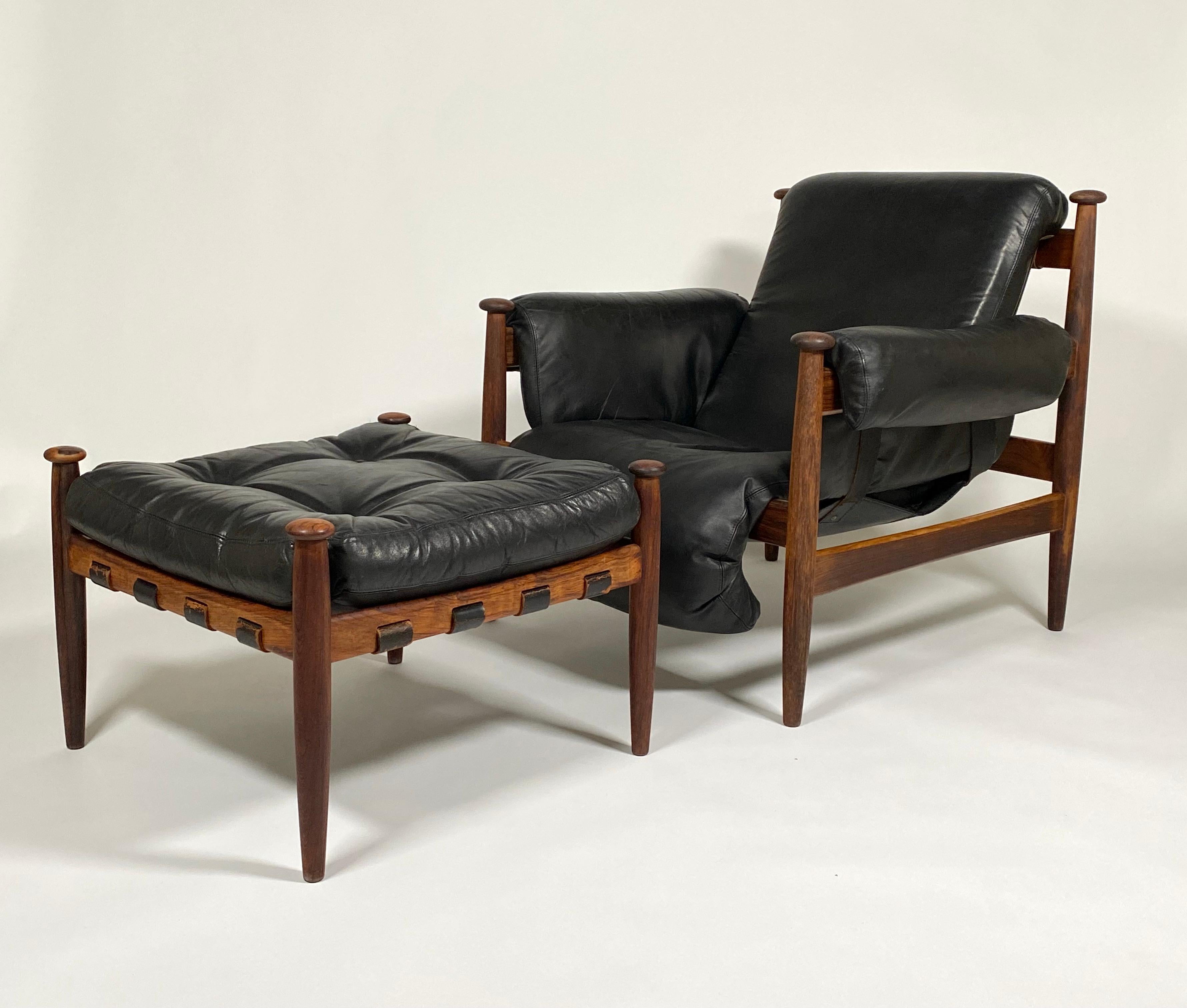 Scandinavian Modern Scandanivian Modern Eric Merthen Lounge & Ottoman in Black Leather & Rosewood