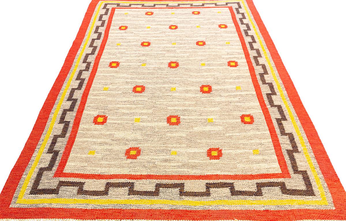 Scandinavian Modern Scandi Rug Rollakan Swedish Abstract Design with Beige Field Color For Sale