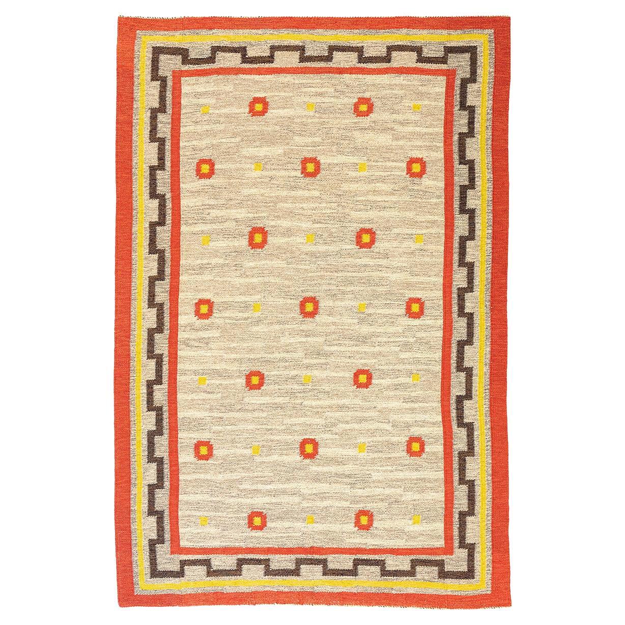 Scandi Rug Rollakan Swedish Abstract Design with Beige Field Color For Sale