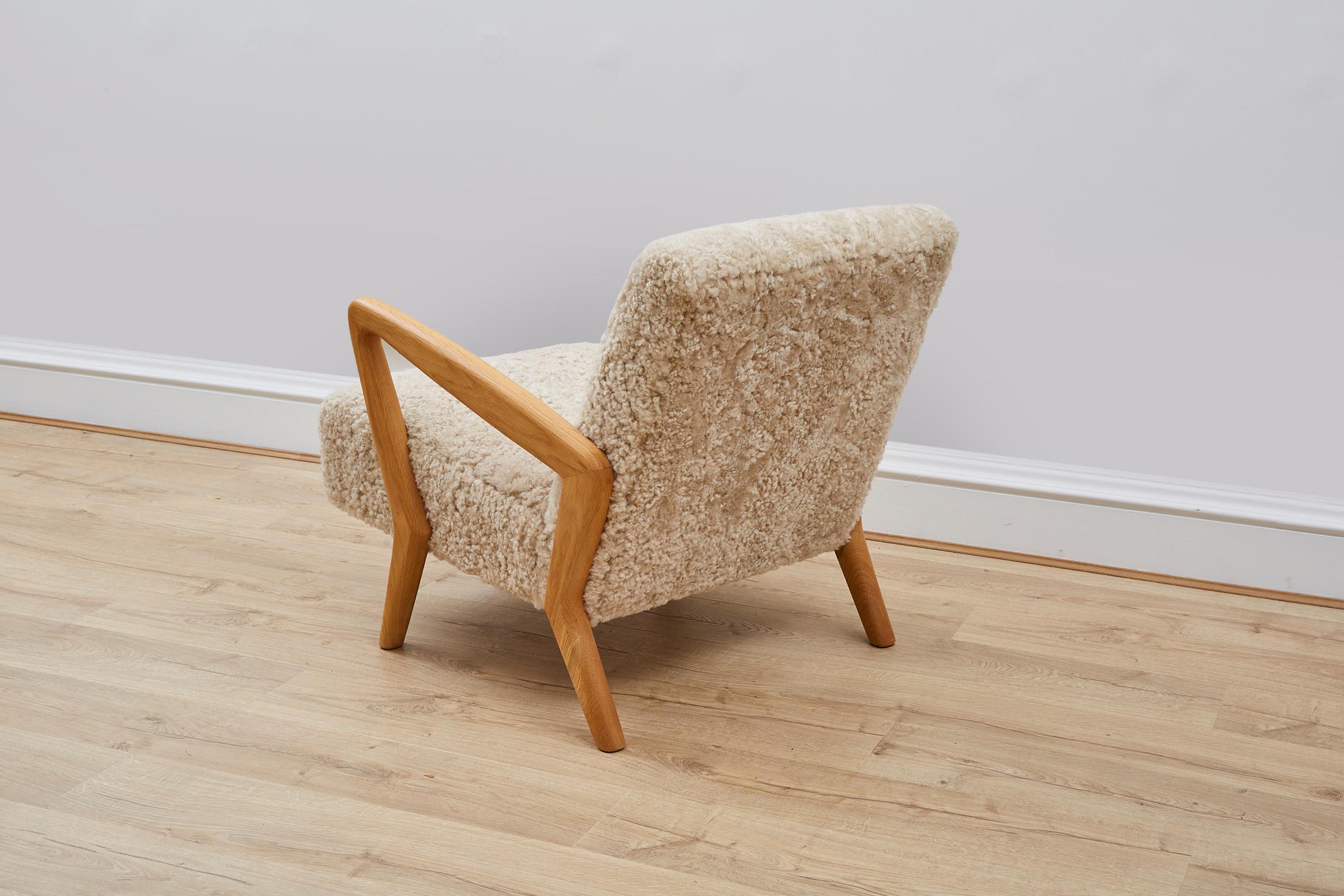 Organic Modern Scandi Sheepskin and Oak Lounge Chair For Sale