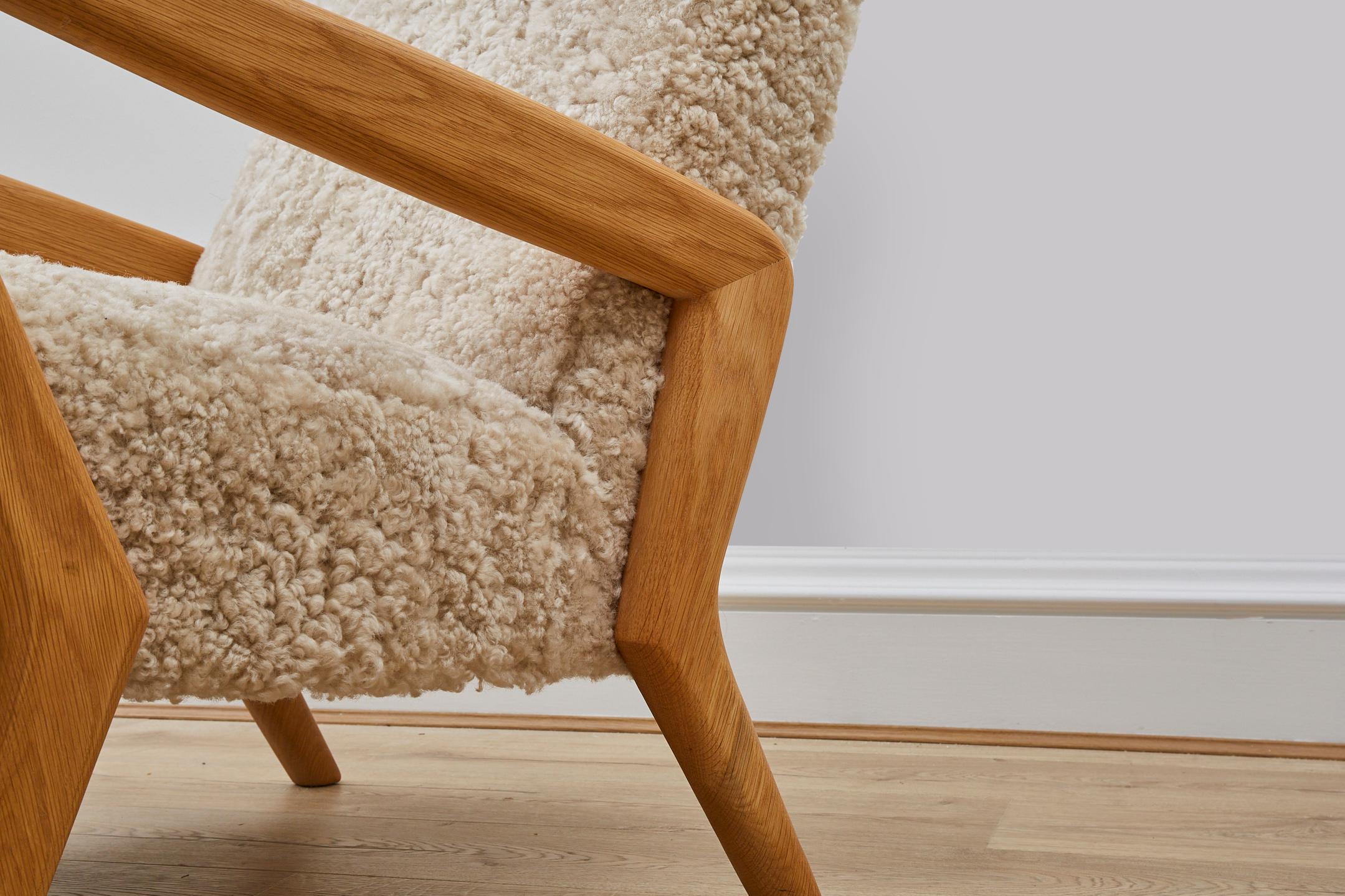 Woodwork Scandi Sheepskin and Oak Lounge Chair For Sale