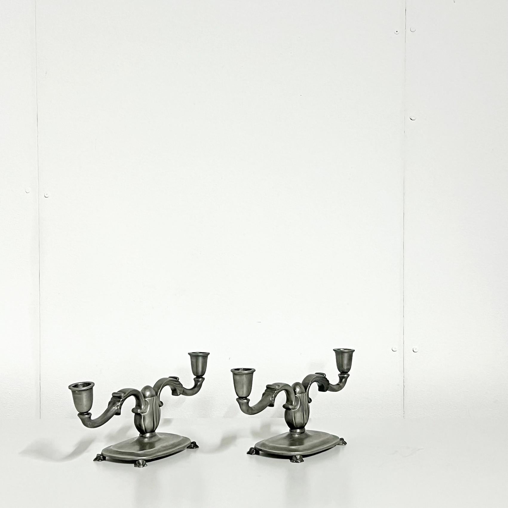 Swedish Scandianavian Modern Cast Pewter Candle Holders, Set of Two, by GAB 1938 For Sale