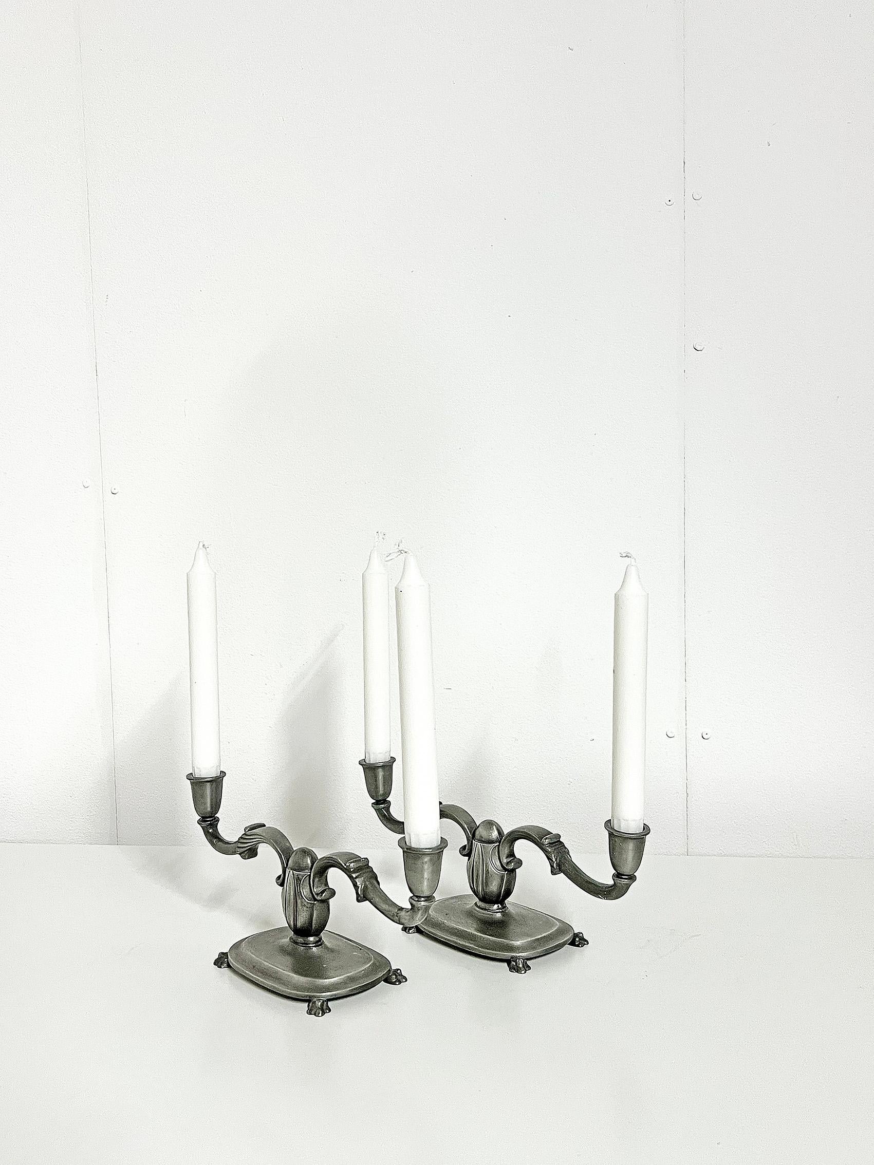 Mid-20th Century Scandianavian Modern Cast Pewter Candle Holders, Set of Two, by GAB 1938 For Sale