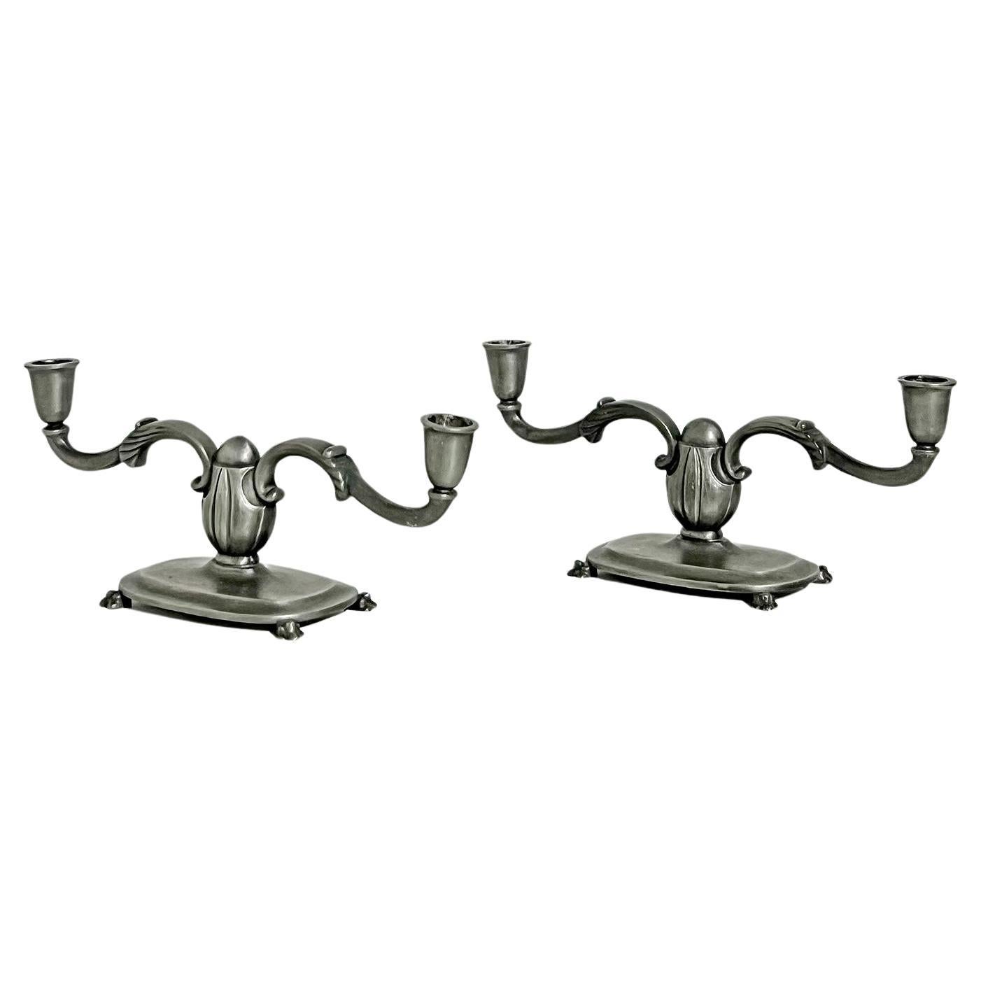 Scandianavian Modern Cast Pewter Candle Holders, Set of Two, by GAB 1938 For Sale