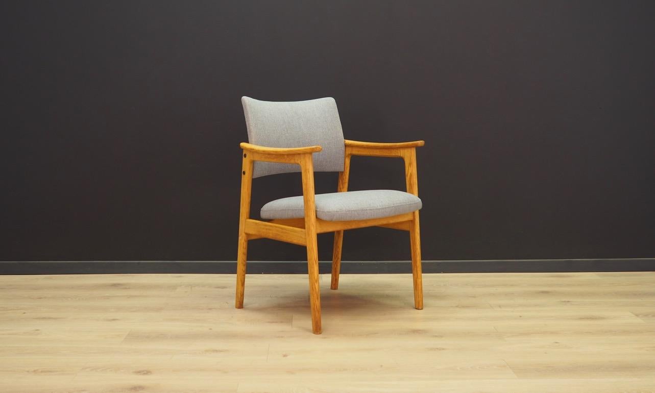 Armchair from the 1960s-1970s, Minimalist form, Scandinavian design. New upholstery (color - gray), construction made of ashwood. Preserved in good condition (minor scratches and bruises on wooden structure), directly for use.

Dimensions: Height