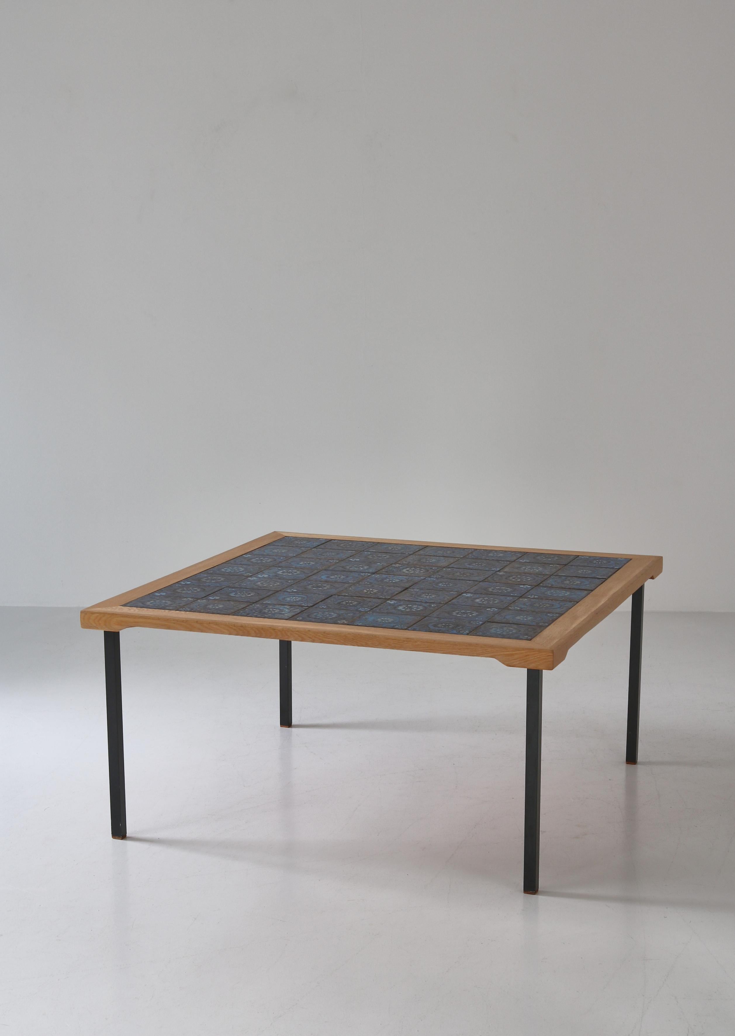Scandianvian Modern Square Table in Oak Wood with Blue Ceramic Tiles, 1960s 4