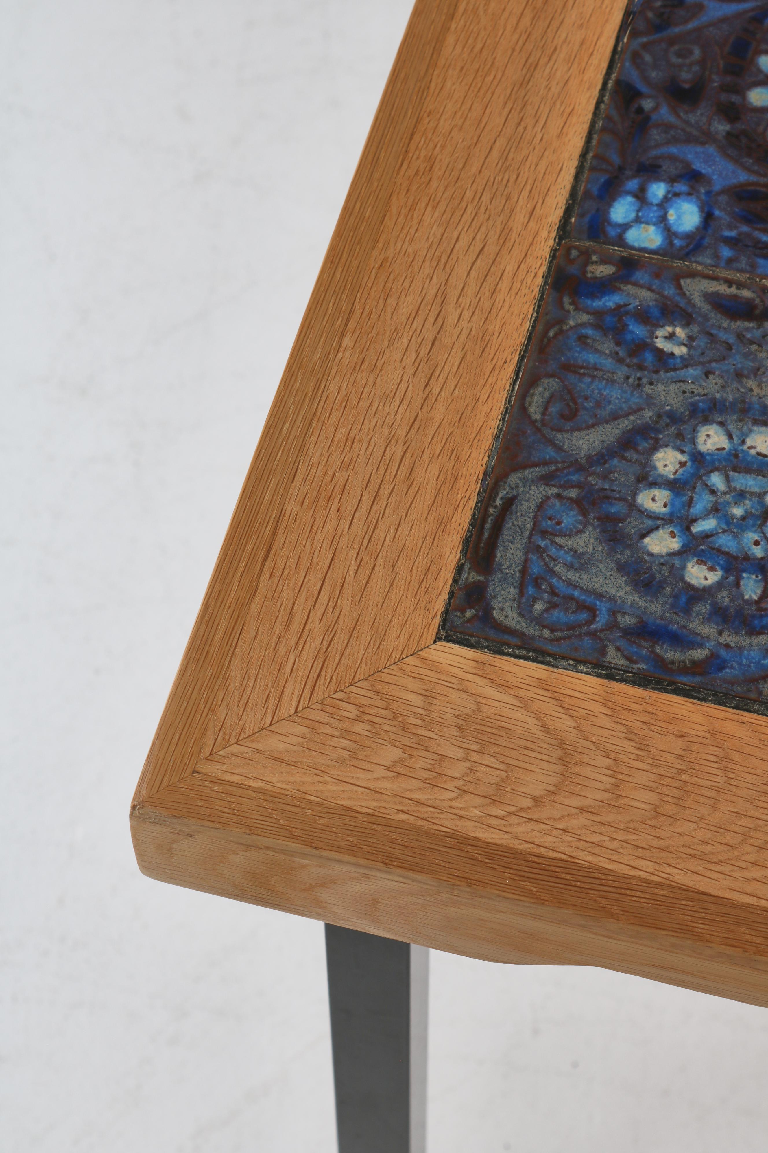 Scandianvian Modern Square Table in Oak Wood with Blue Ceramic Tiles, 1960s 5