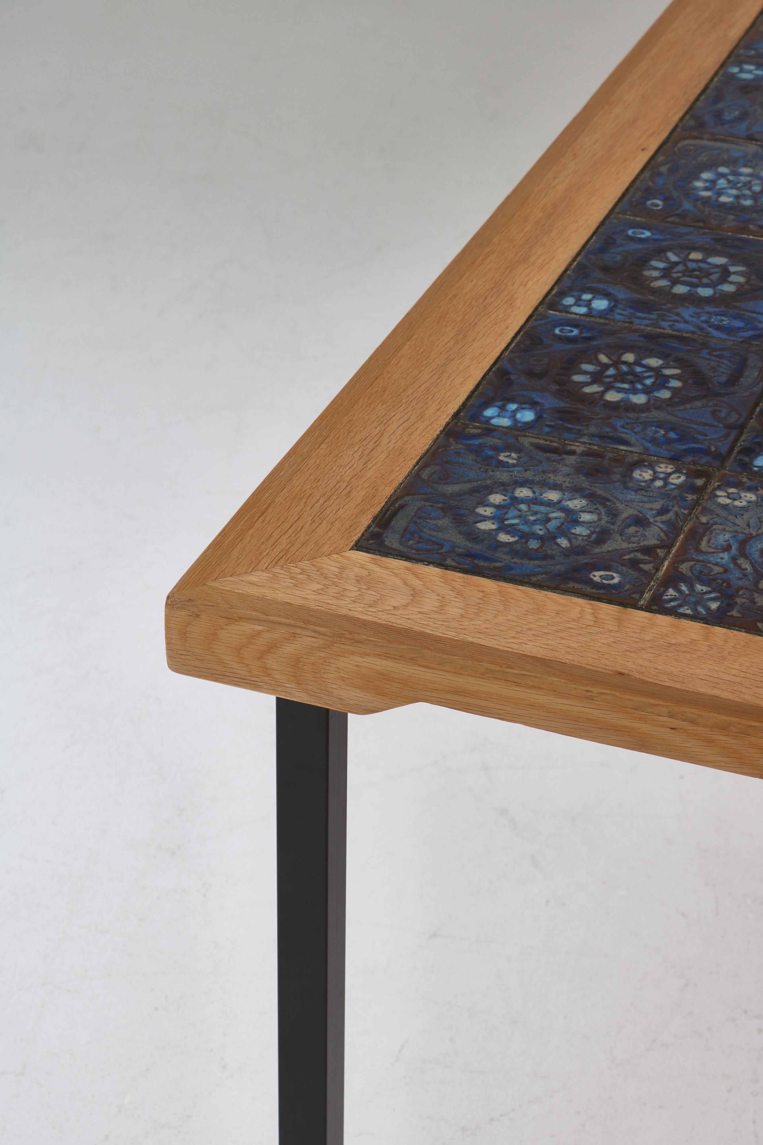 Scandianvian Modern Square Table in Oak Wood with Blue Ceramic Tiles, 1960s 6