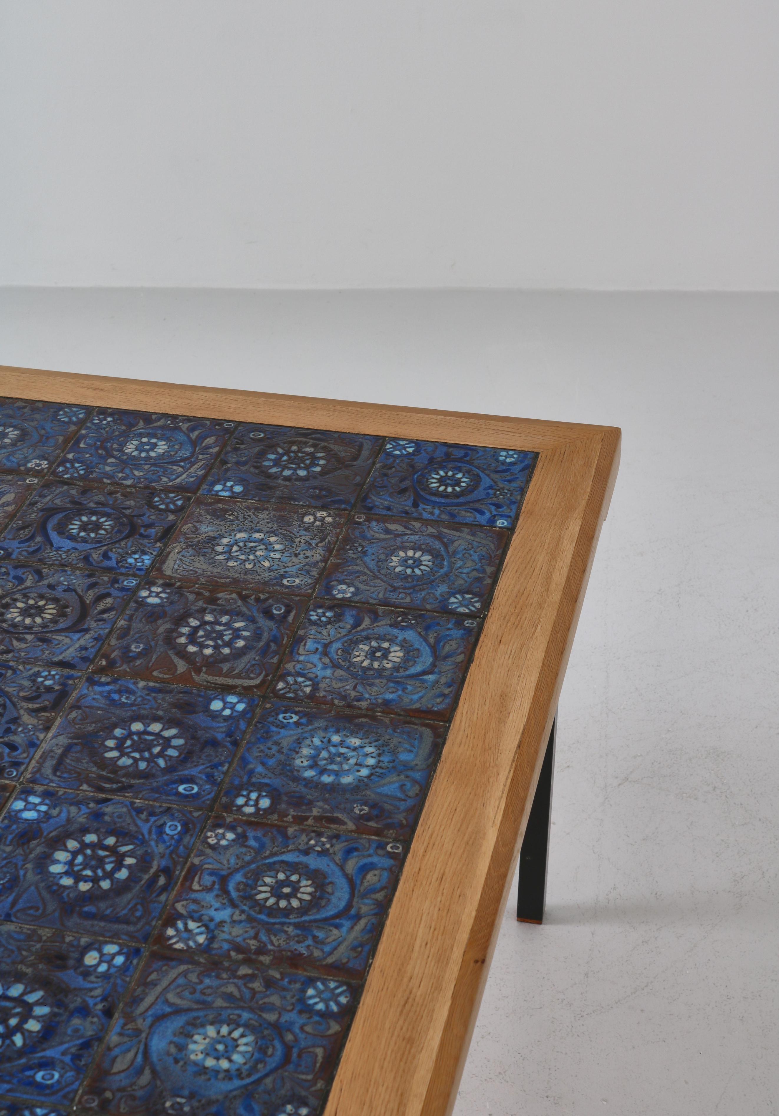 Scandianvian Modern Square Table in Oak Wood with Blue Ceramic Tiles, 1960s 9