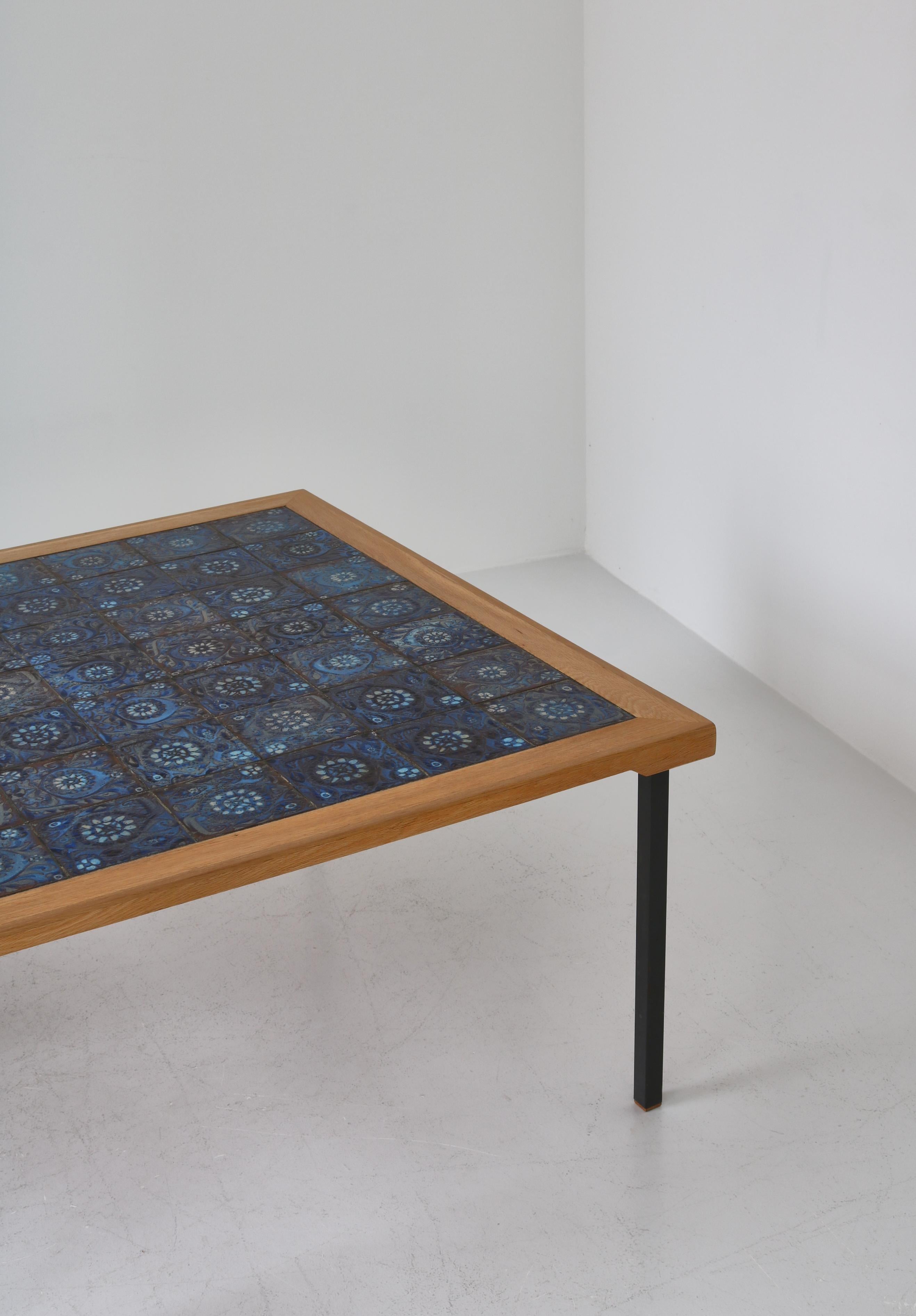 Danish Scandianvian Modern Square Table in Oak Wood with Blue Ceramic Tiles, 1960s