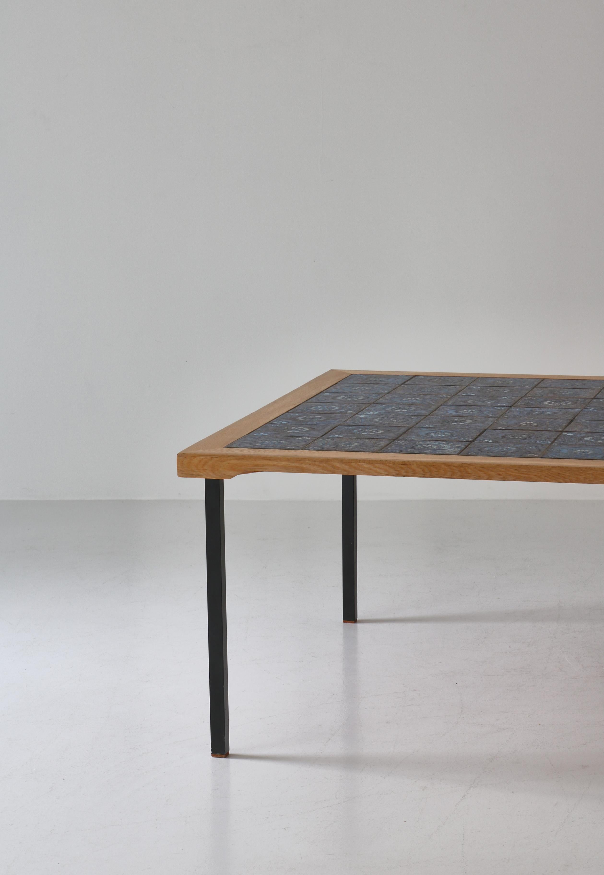 Mid-20th Century Scandianvian Modern Square Table in Oak Wood with Blue Ceramic Tiles, 1960s