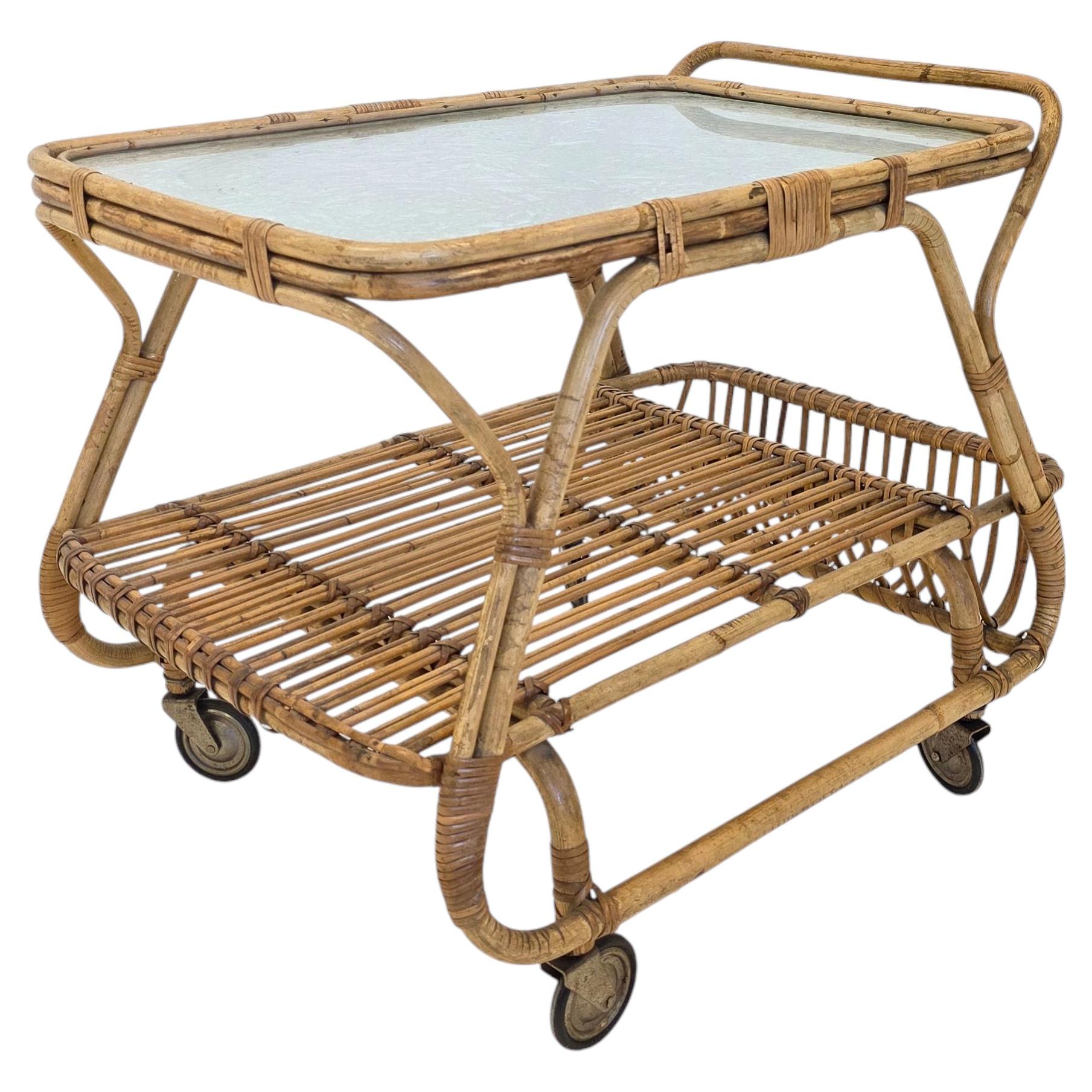 Scandic / Finnish Modern Serving Trolley/Serving Cart, Rattan By Sokeva 1950's For Sale