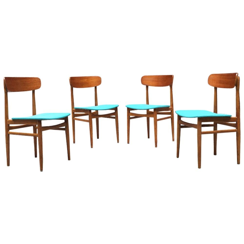 Scandinavia Midcentury Teak and Light-Blue Sky Chairs, 1960s