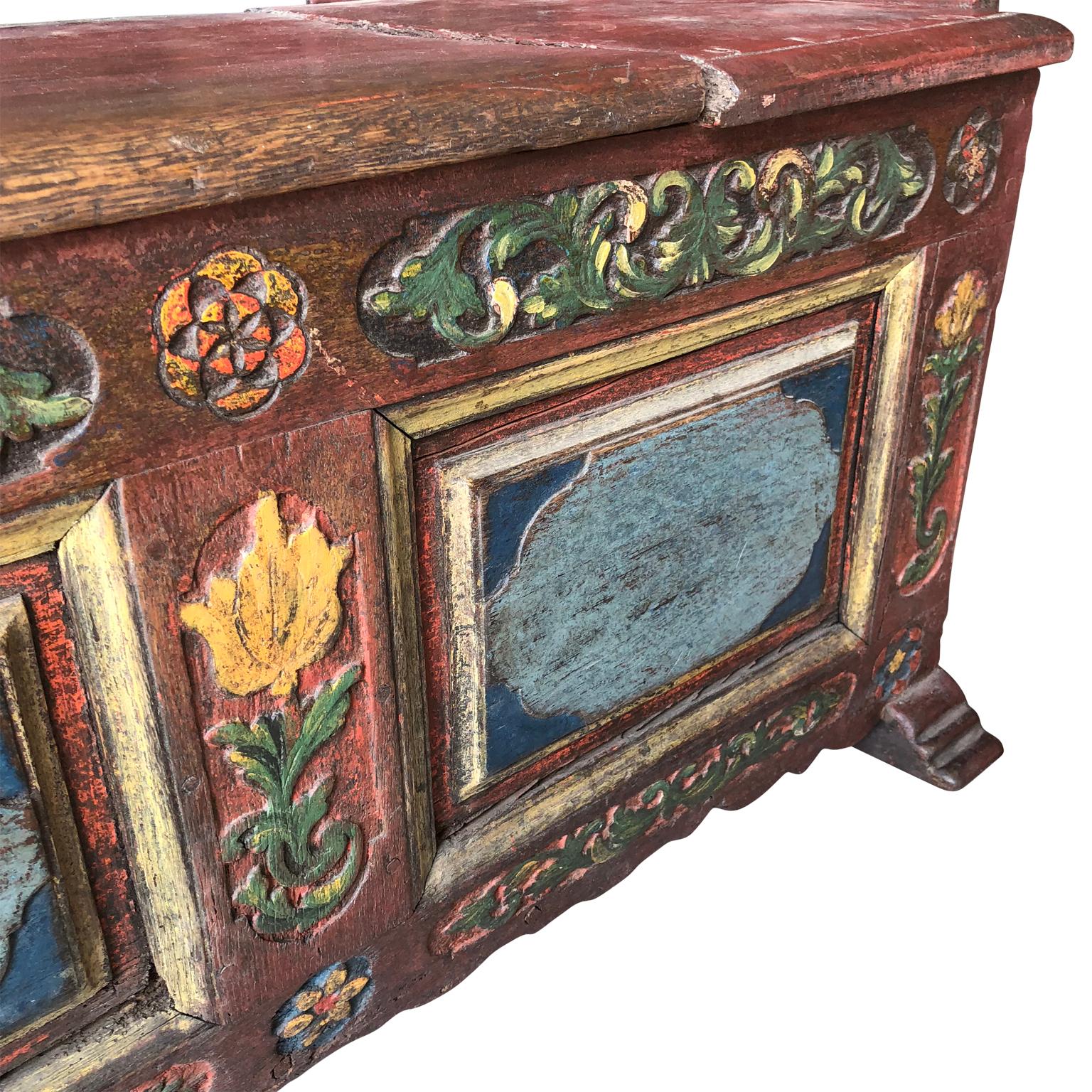 Scandinavian 18th Century Carved And Painted Folk Bench, Dated 1787 3