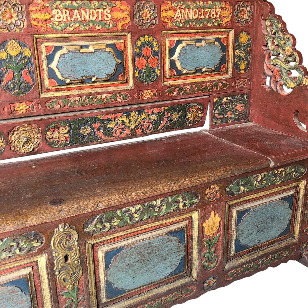 Scandinavian 18th Century Carved And Painted Folk Bench, Dated 1787 6