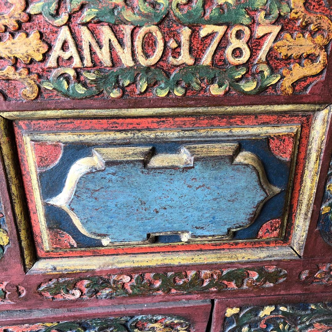 Scandinavian 18th Century Carved And Painted Folk Bench, Dated 1787 In Good Condition In Haddonfield, NJ