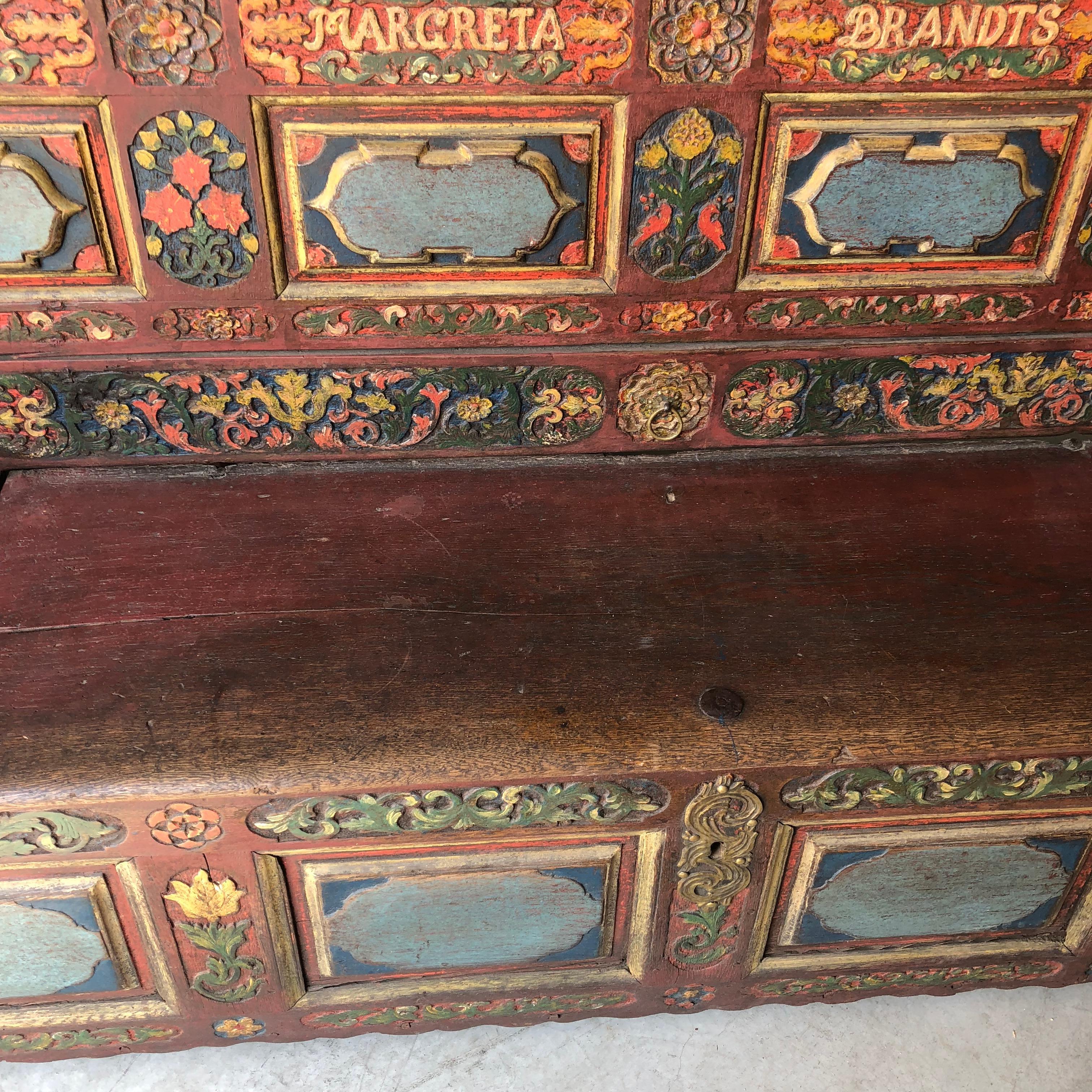 Oak Scandinavian 18th Century Carved And Painted Folk Bench, Dated 1787