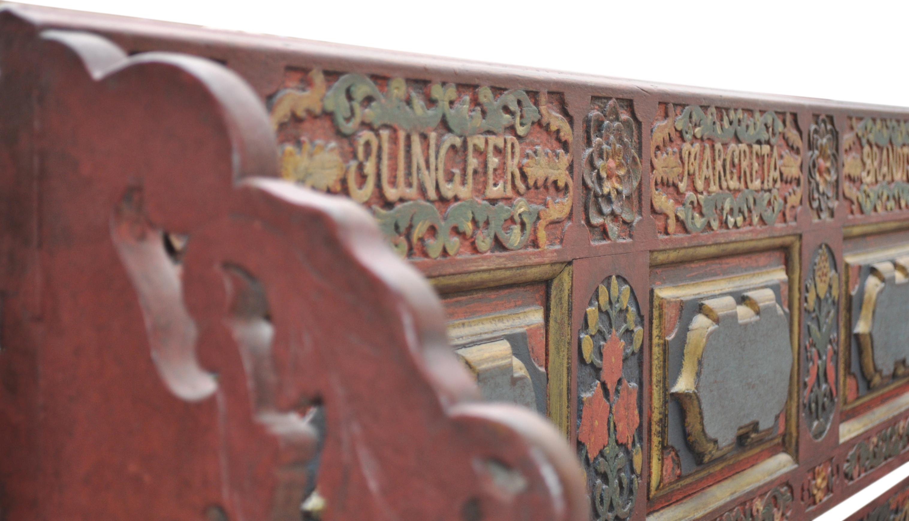 Scandinavian 18th Century Carved And Painted Folk Bench, Dated 1787 1