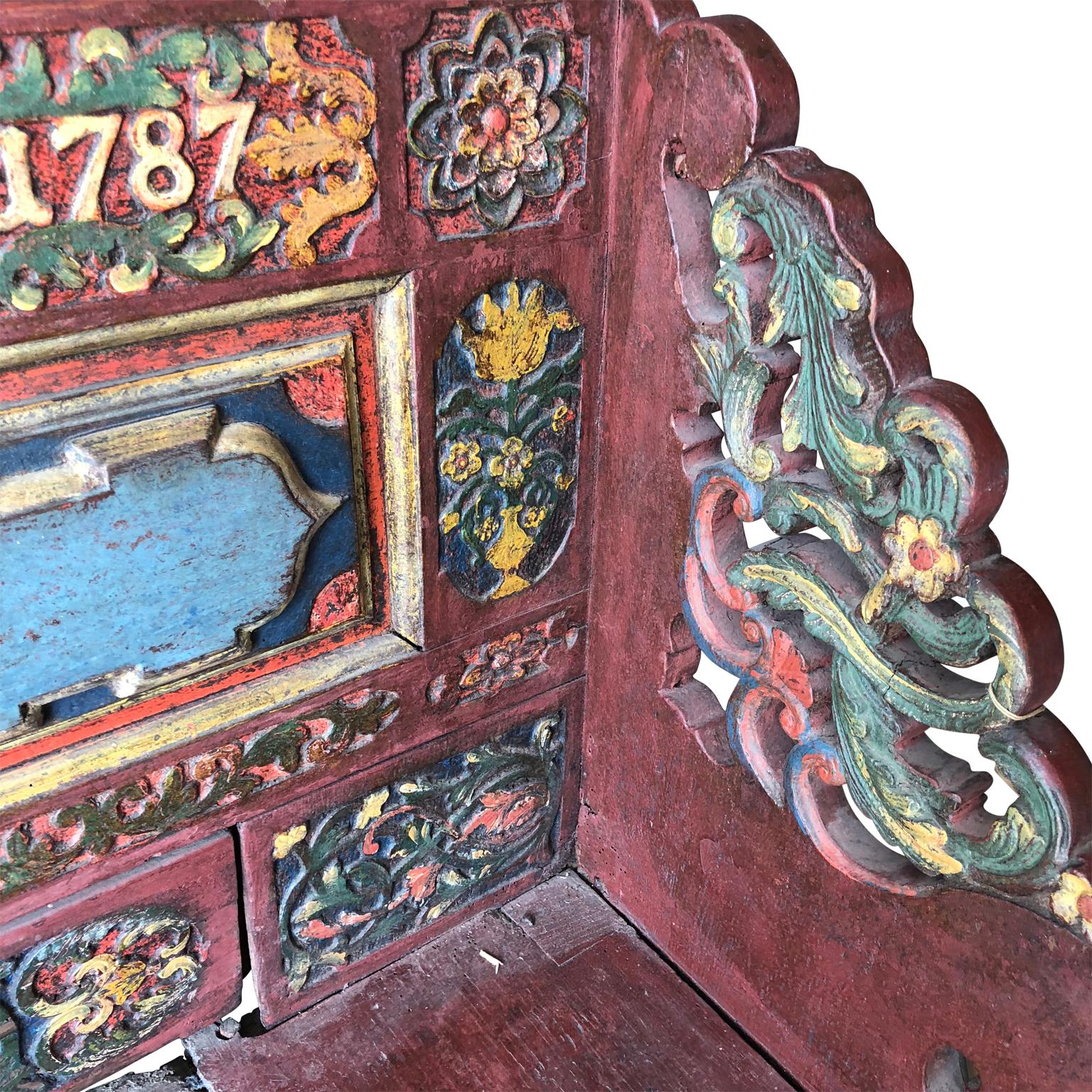 Scandinavian 18th Century Carved And Painted Folk Bench, Dated 1787 2