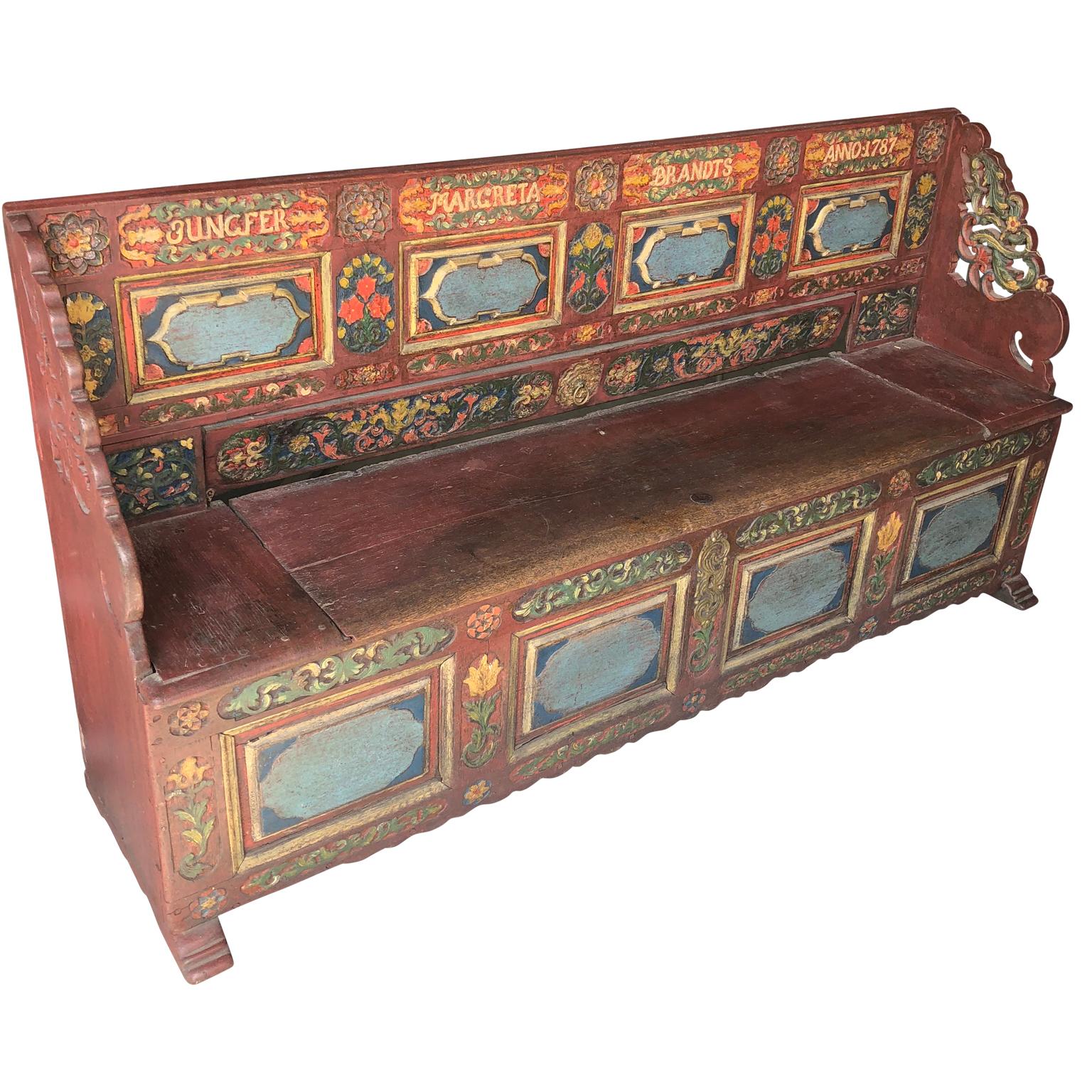 Scandinavian 18th Century Carved And Painted Folk Bench, Dated 1787