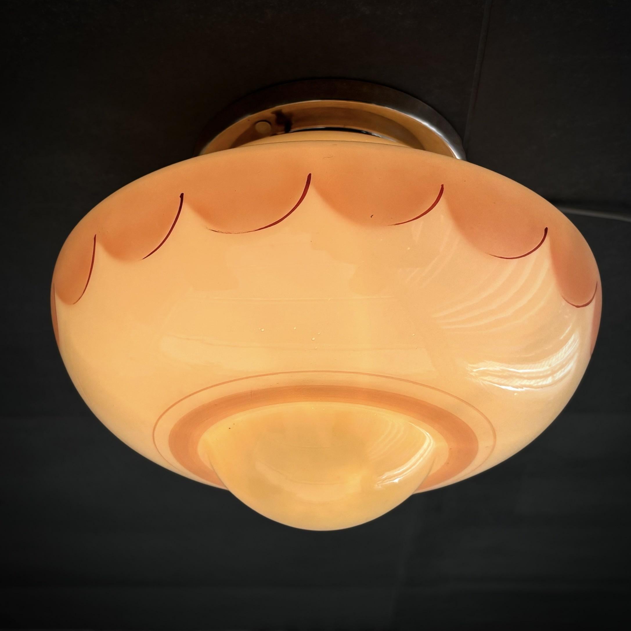 Art Deco Scandinavian 1930s flush mount ceiling lamp, glass & chrome, Sweden, 1930s For Sale