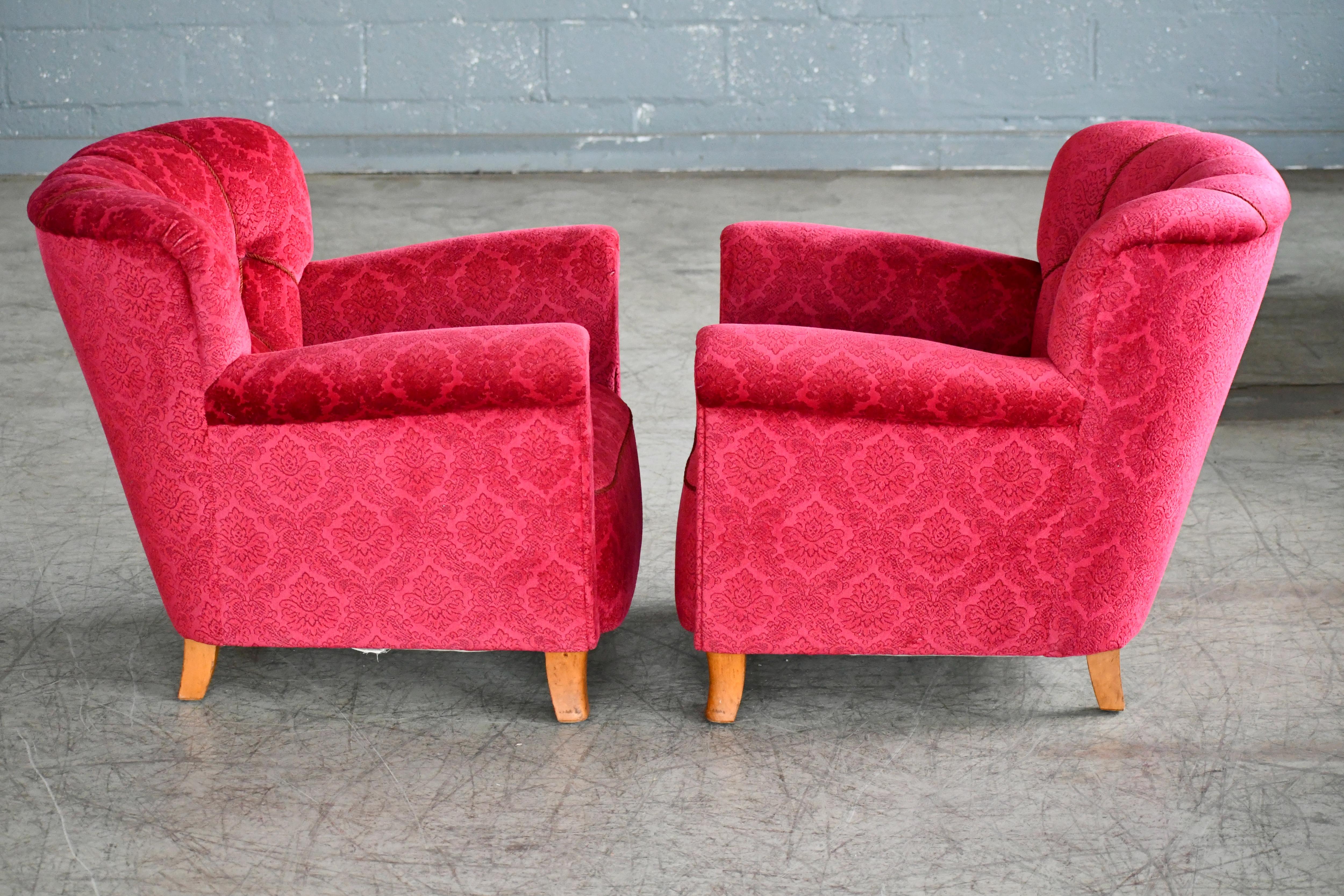 Scandinavian 1940s Club or Lounge Chairs in Red Velvet Style of Carl-Johan Boman 3