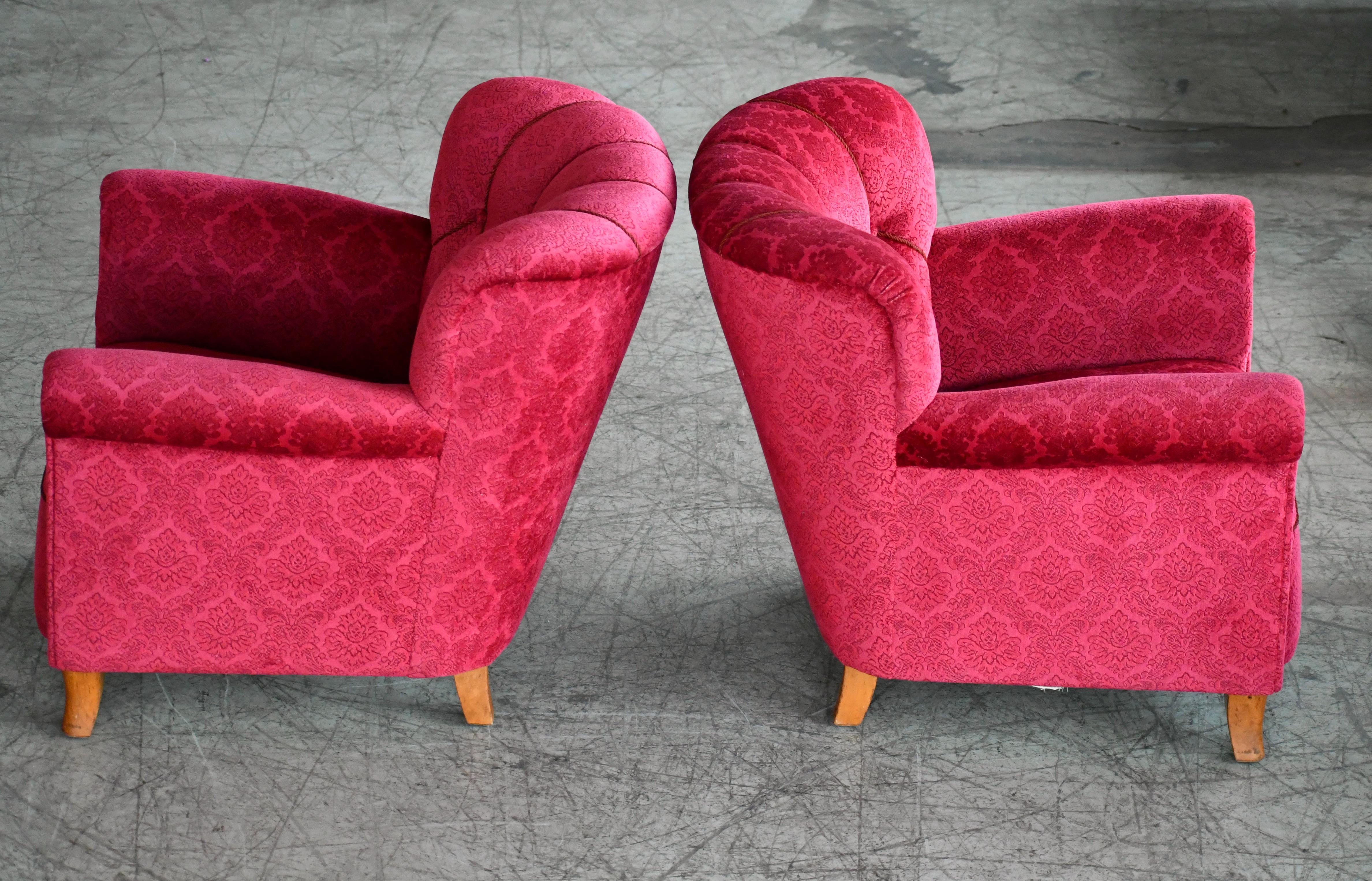 Scandinavian 1940s Club or Lounge Chairs in Red Velvet Style of Carl-Johan Boman 4