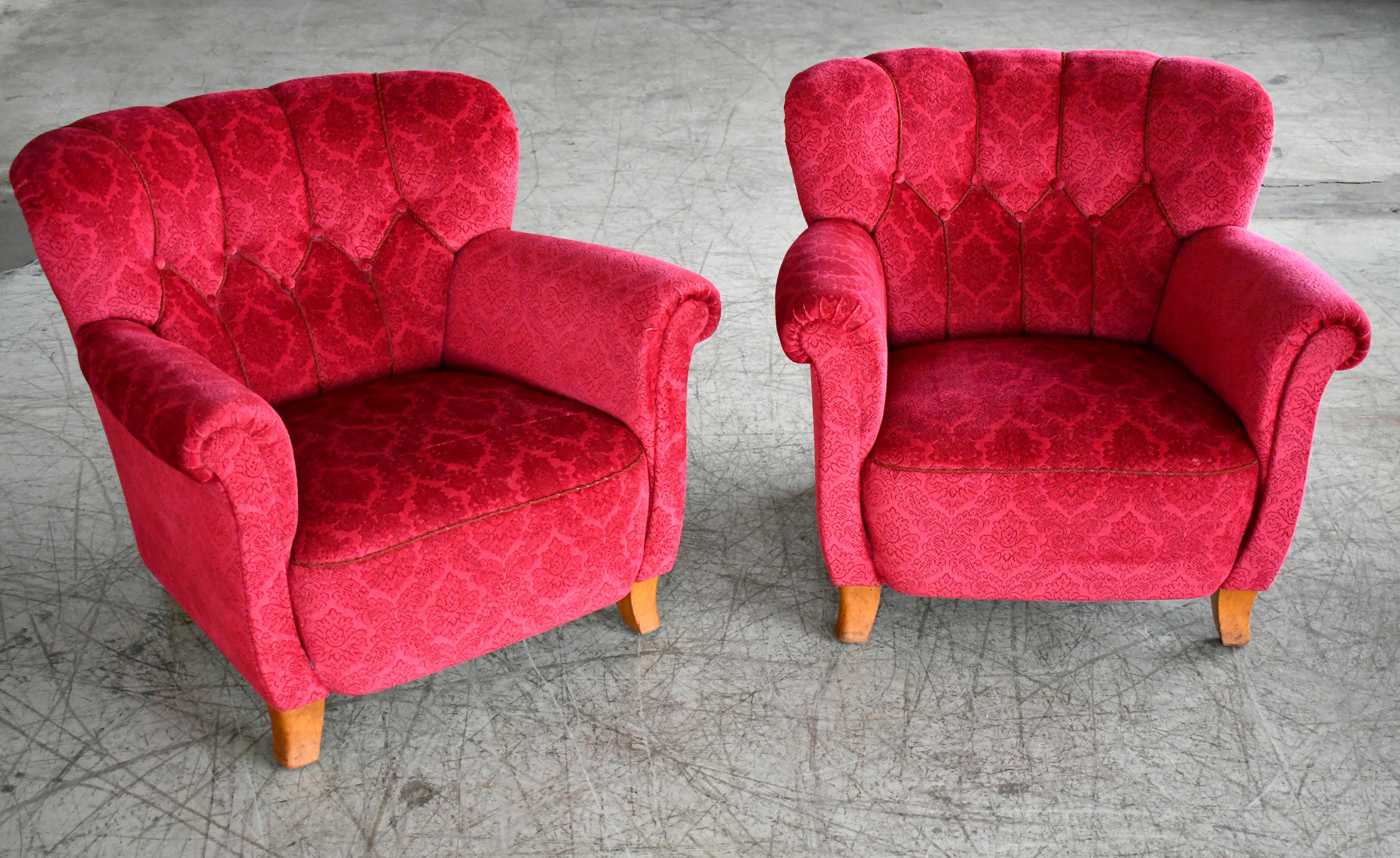 Mid-Century Modern Scandinavian 1940s Club or Lounge Chairs in Red Velvet Style of Carl-Johan Boman