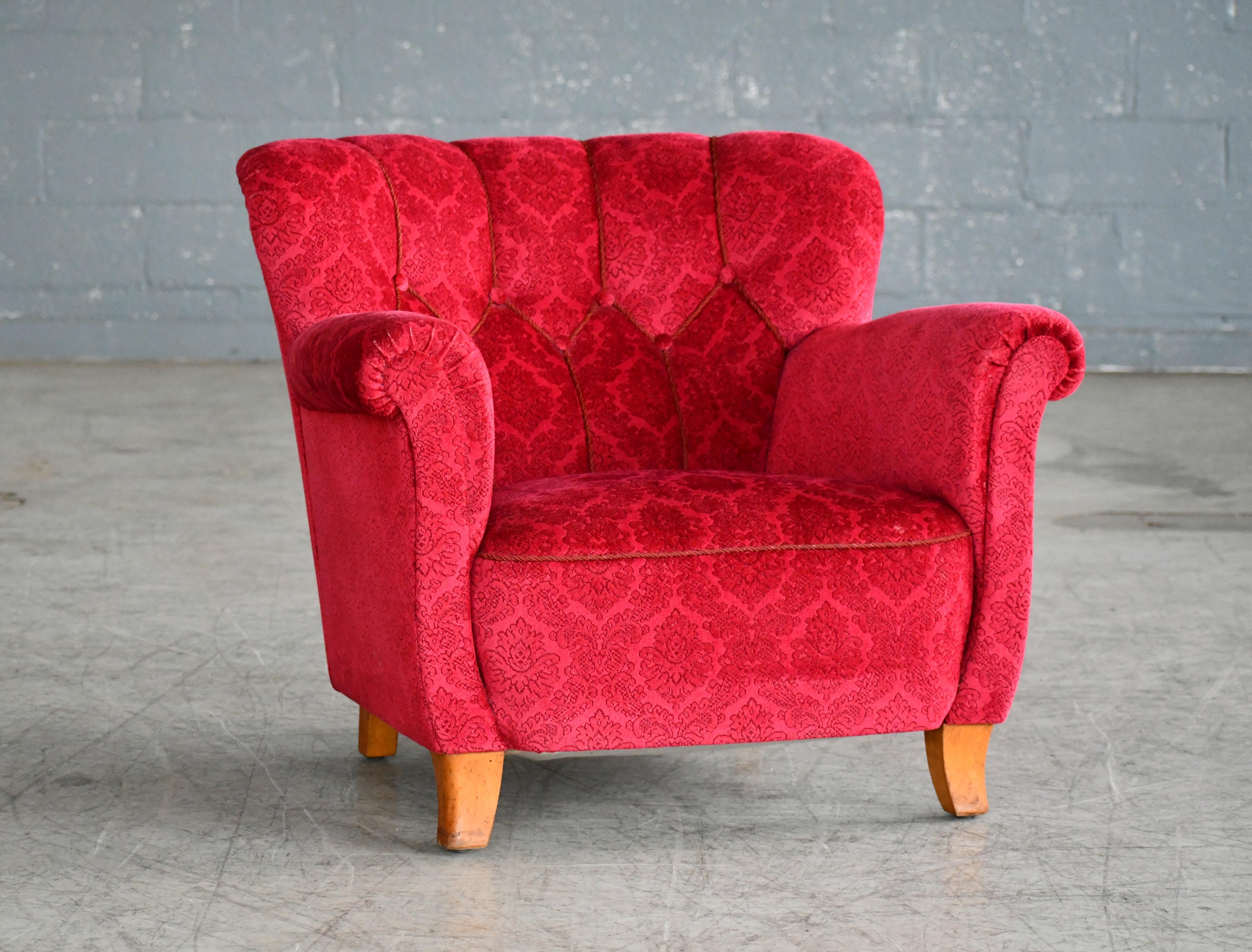 Finnish Scandinavian 1940s Club or Lounge Chairs in Red Velvet Style of Carl-Johan Boman