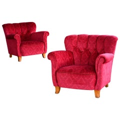 Scandinavian 1940s Club or Lounge Chairs in Red Velvet Style of Carl-Johan Boman