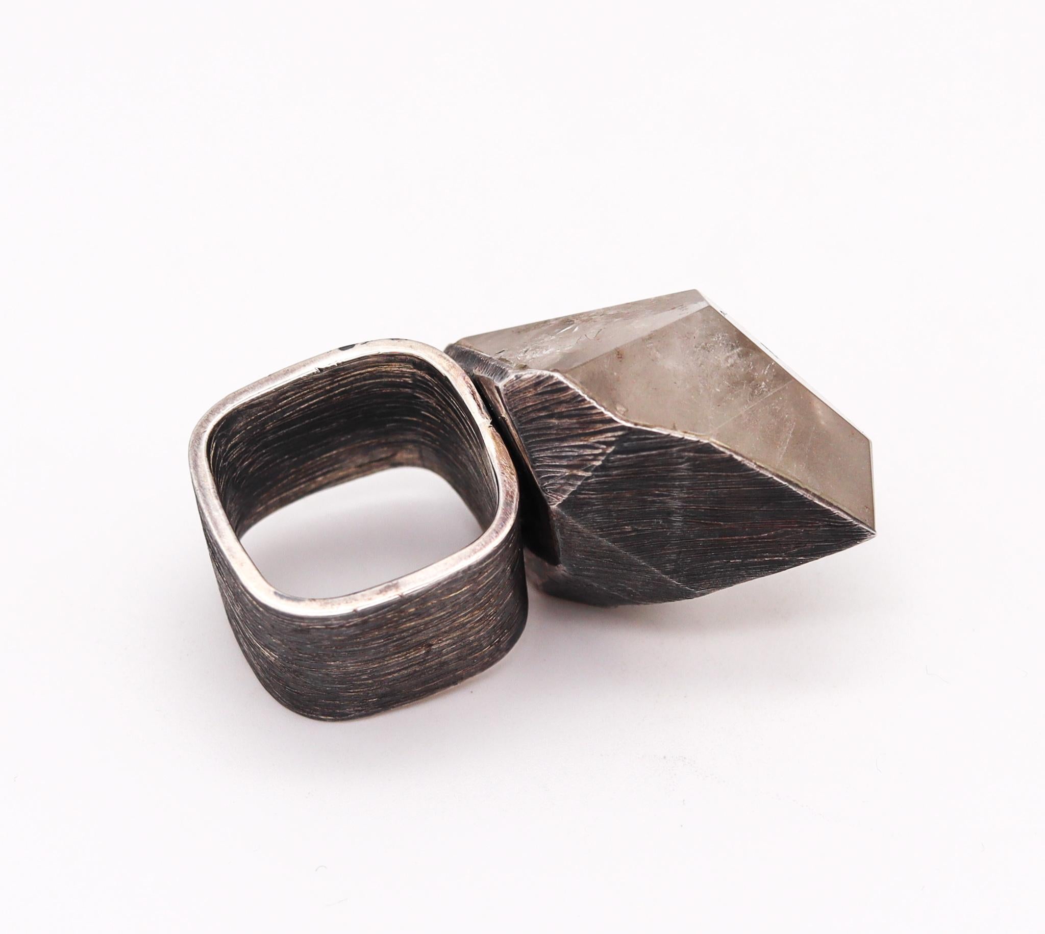 Rough Cut Scandinavian 1960 Brutalist Cocktail Ring in Sterling Silver with Rock Quartz For Sale
