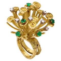 Vintage Scandinavian 1960 Sculptural Spikes Ring 18Kt Gold 1.38 Cts Diamonds Emeralds