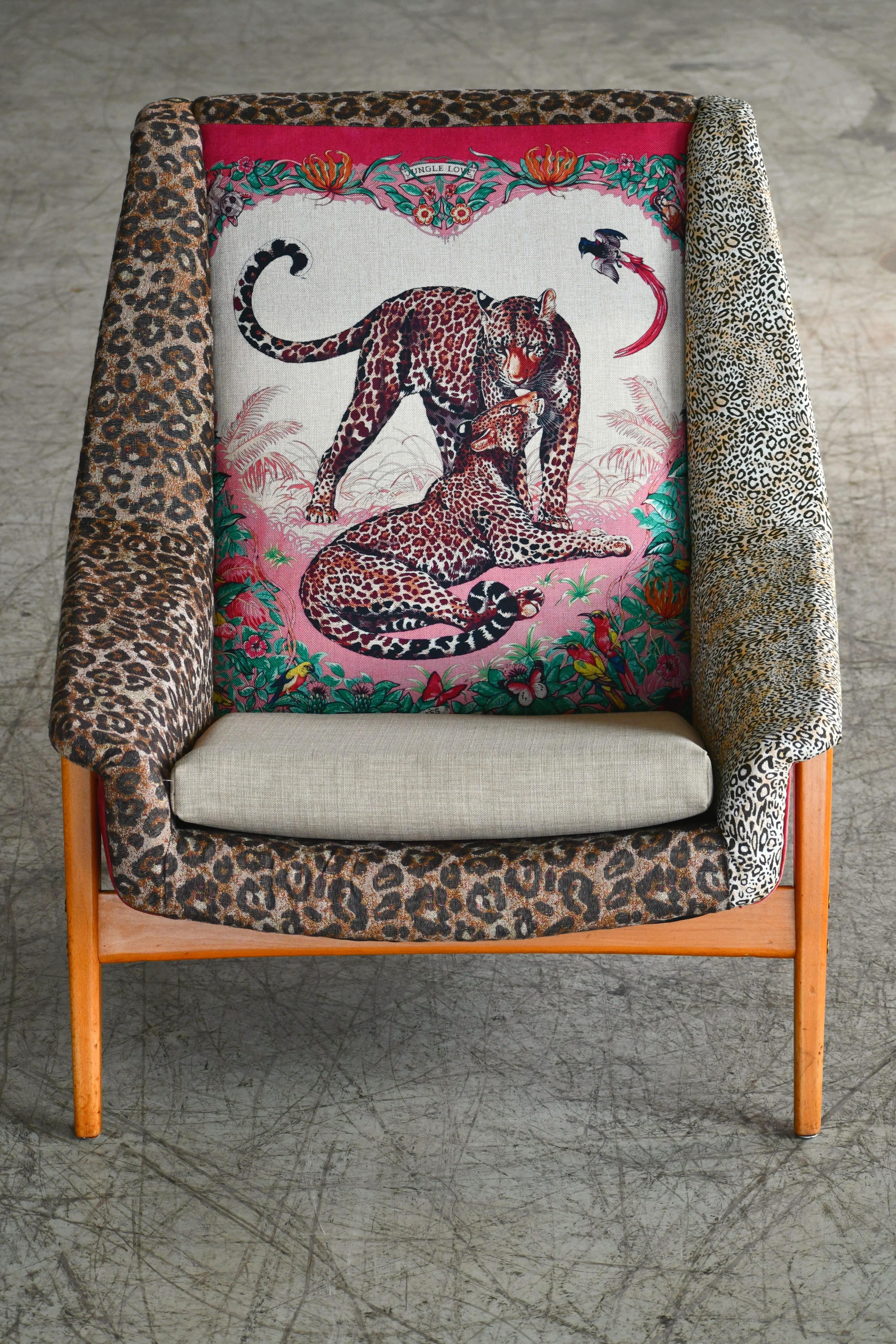 Wool Scandinavian 1960s DUX Lounge Chair Covered in Jungle Love Fabric by Hermès