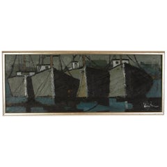 Scandinavian 1960s Impressionist Painting of Boats in a Harbour