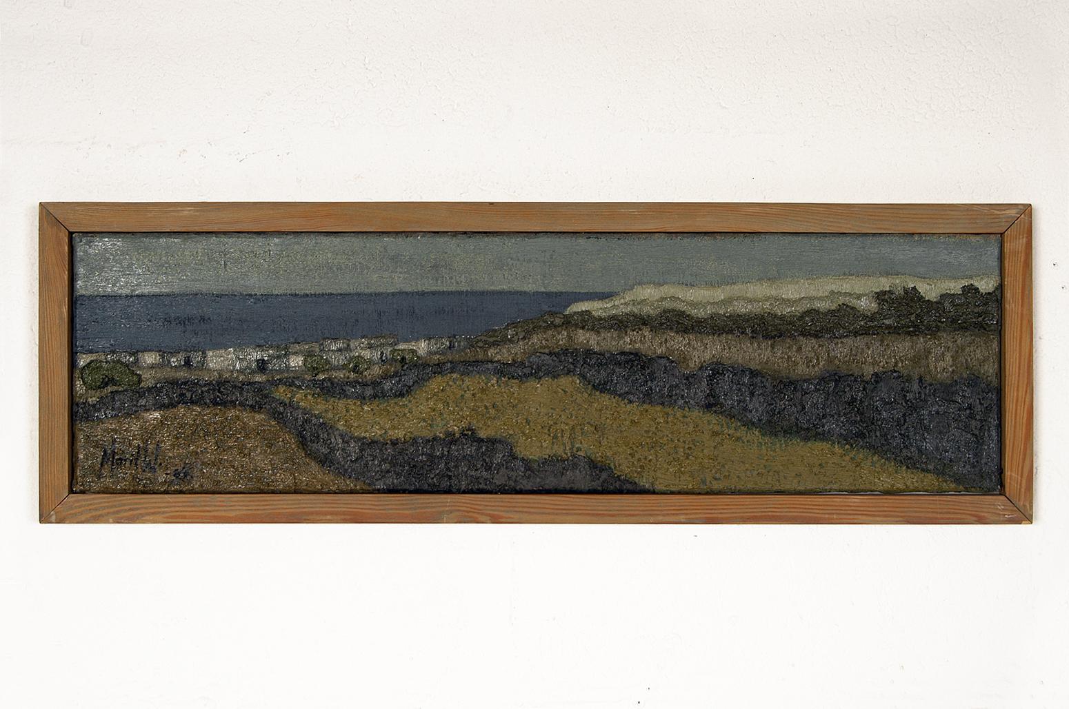 A good richly textured original 1960s impressionist oil on canvas painting titled: ‘Lavasträngar II, Lanzarote, Spanien’ (Lava Strings II, Lanzarote, Spain) by Swedish Artist Marit Wahlström Schönbäch, who was well known for her landscape paintings