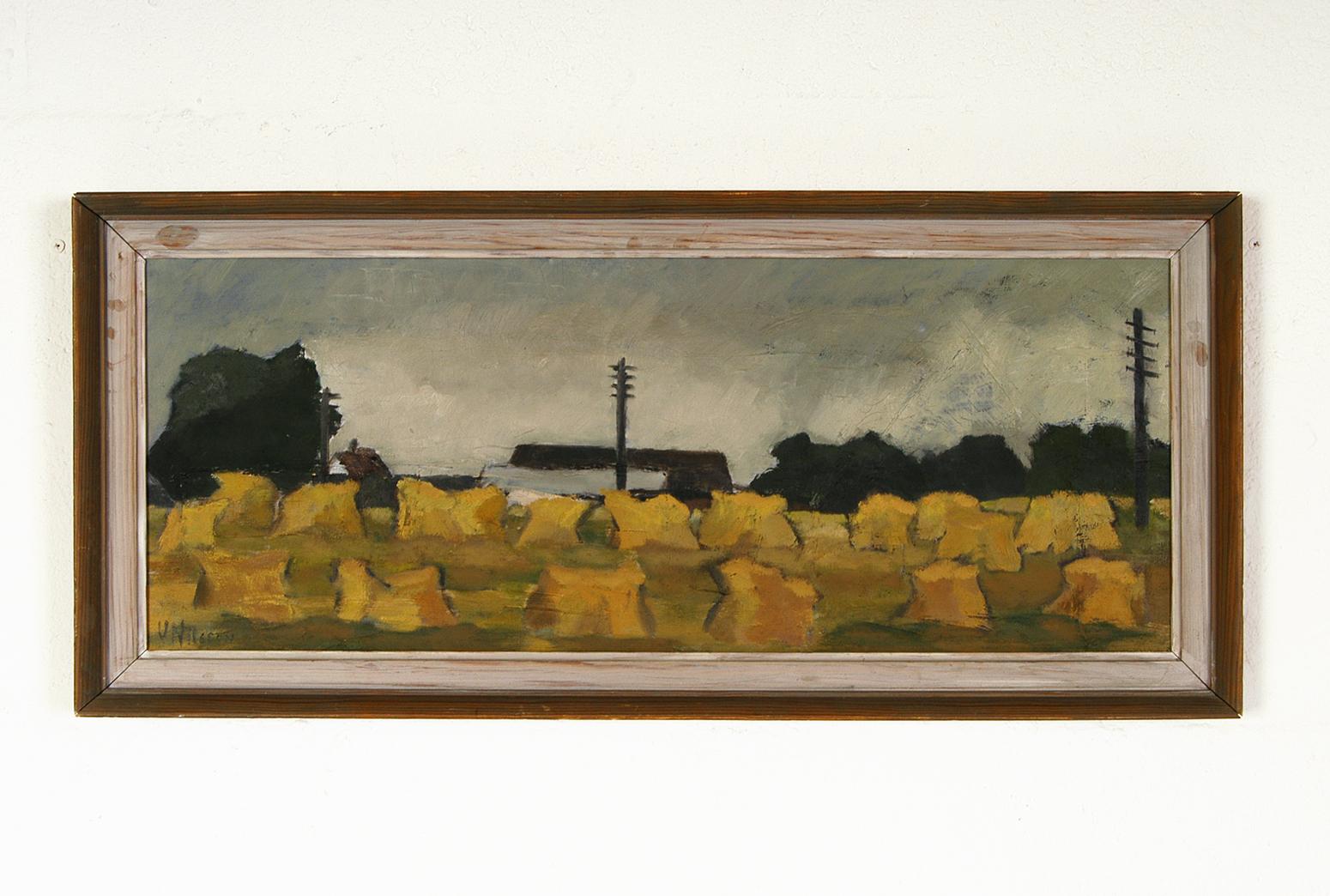 An original oil on canvas painting depicting a typical rural summer scene of haystacks in a field. Signed V. Nilsson and untitled. No visible damage or losses, and retains its original wooden frame.
   